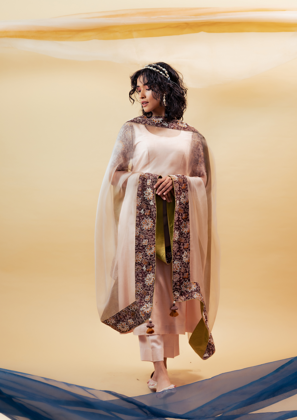 Blush Pink Kalidaar Suit Set with Organza Dupatta and Pants