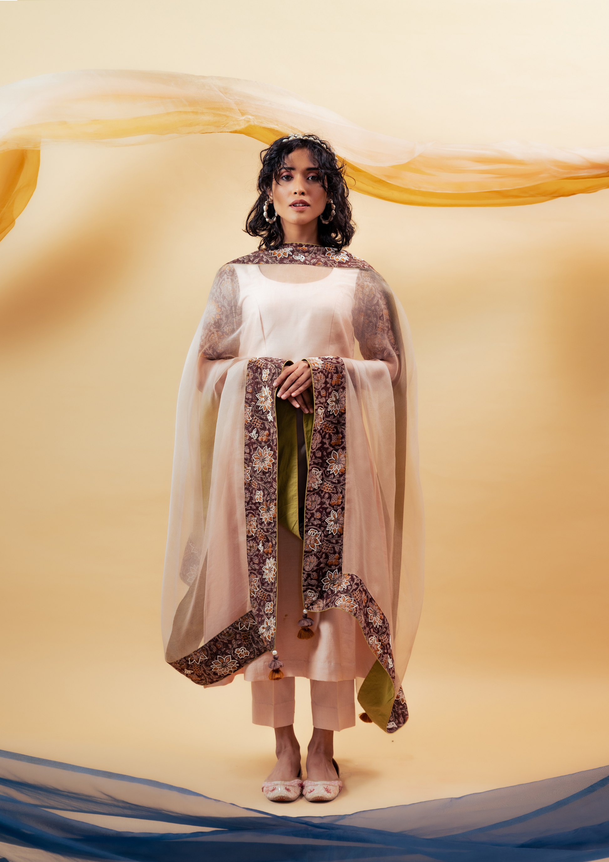 Blush Pink Kalidaar Suit Set with Organza Dupatta and Pants