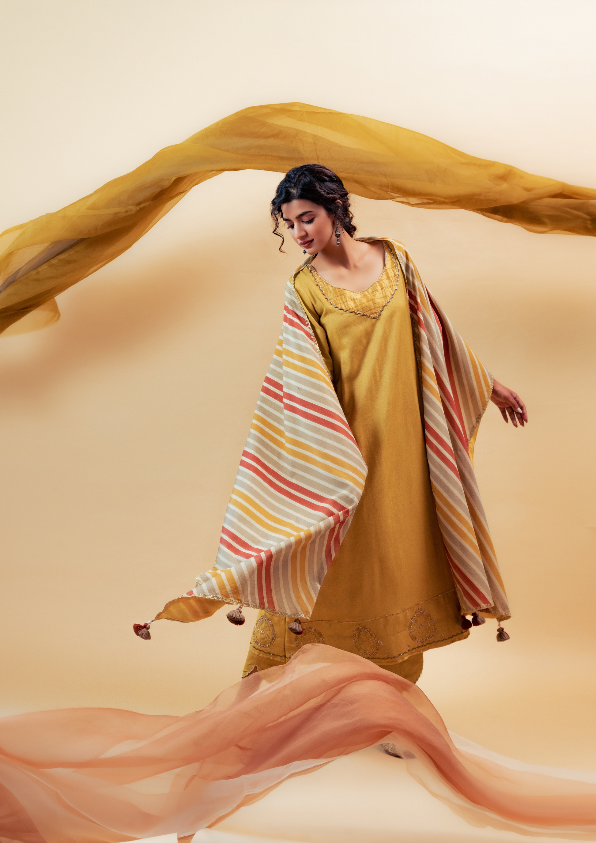 Mustard Cotton Silk Hand Embroidered Suit Set with Reversible Dupatta