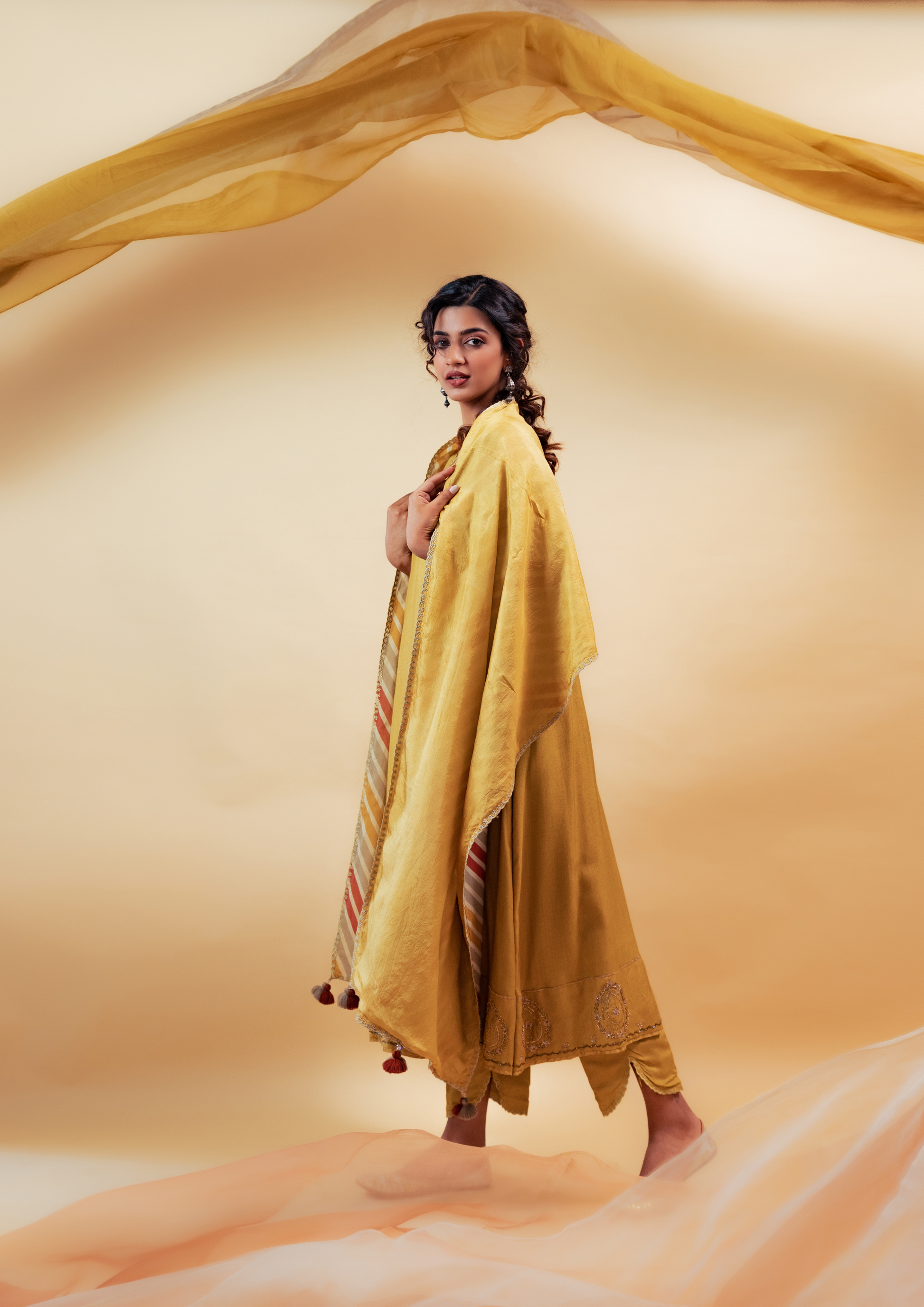 Mustard Cotton Silk Hand Embroidered Suit Set with Reversible Dupatta