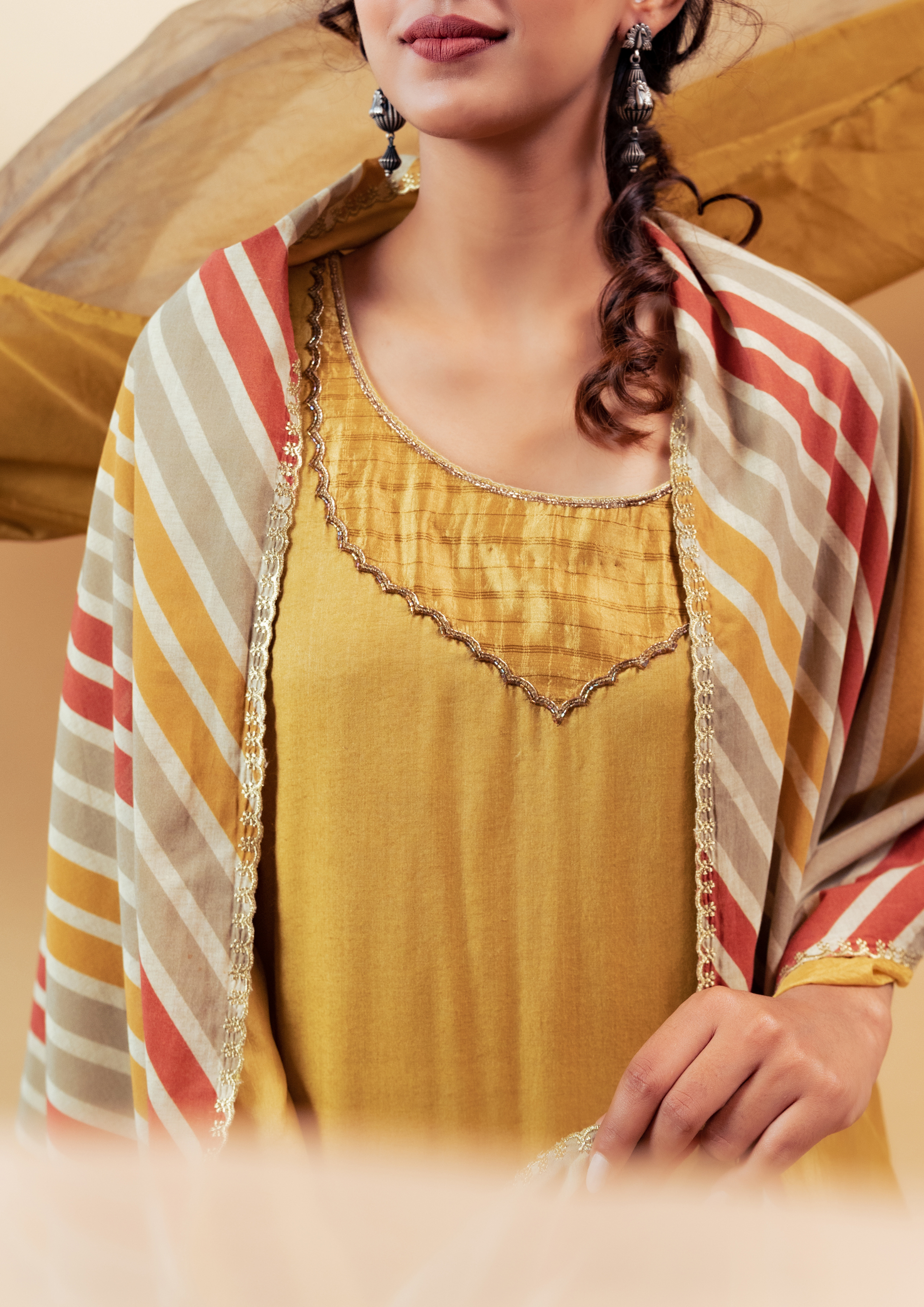 Mustard Cotton Silk Hand Embroidered Suit Set with Reversible Dupatta