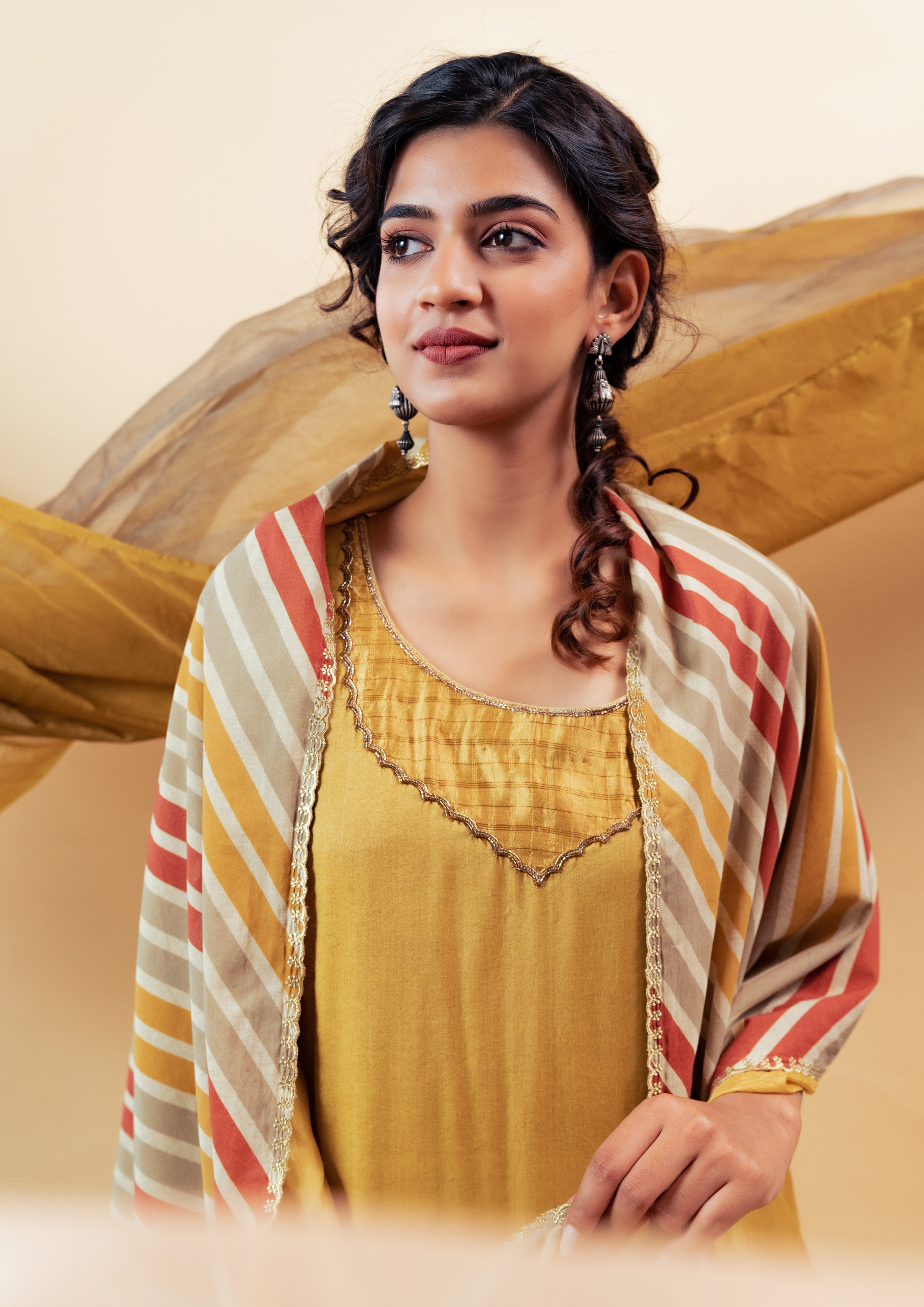 Mustard Cotton Silk Hand Embroidered Suit Set with Reversible Dupatta