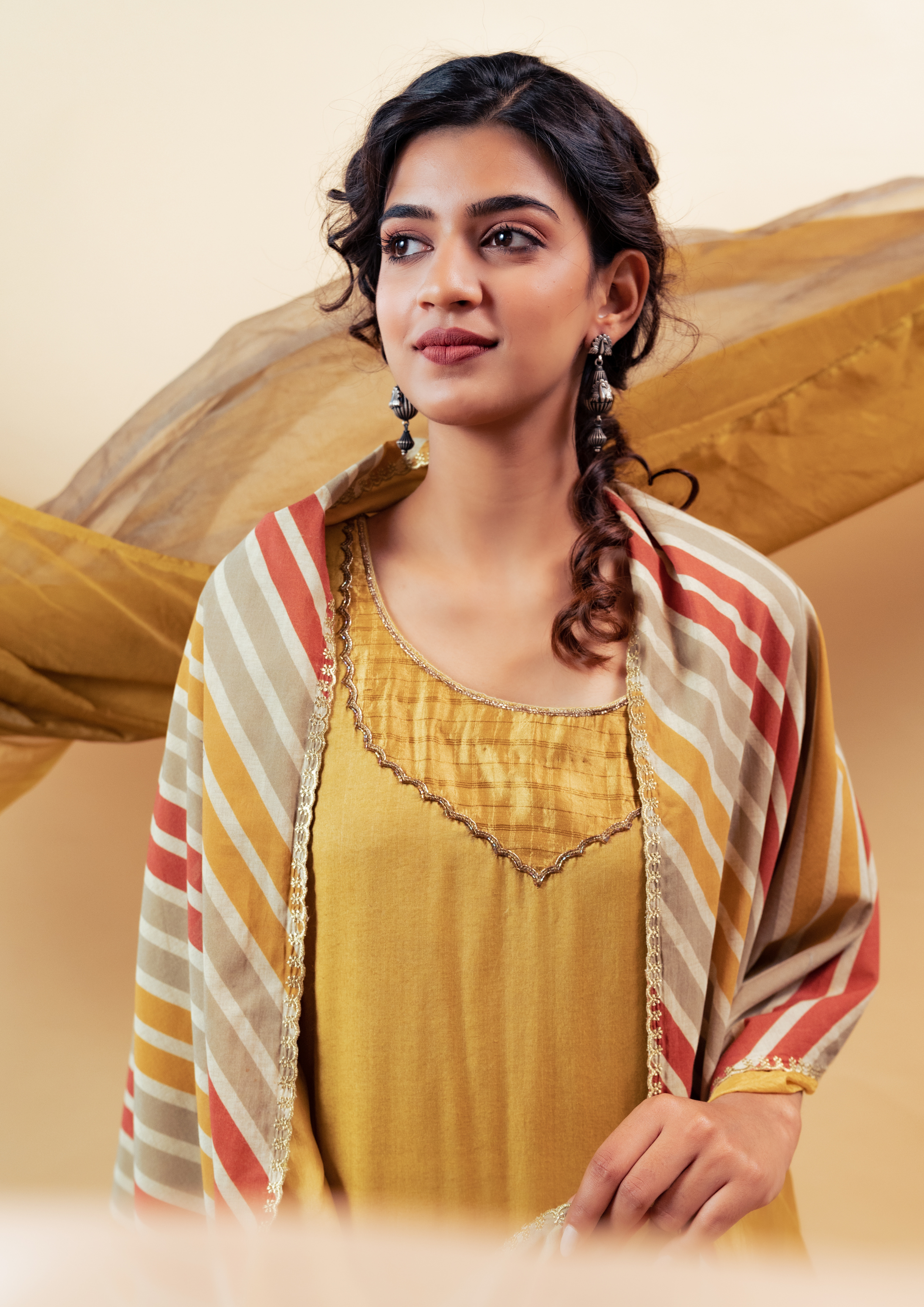Mustard Cotton Silk Hand Embroidered Suit Set with Reversible Dupatta