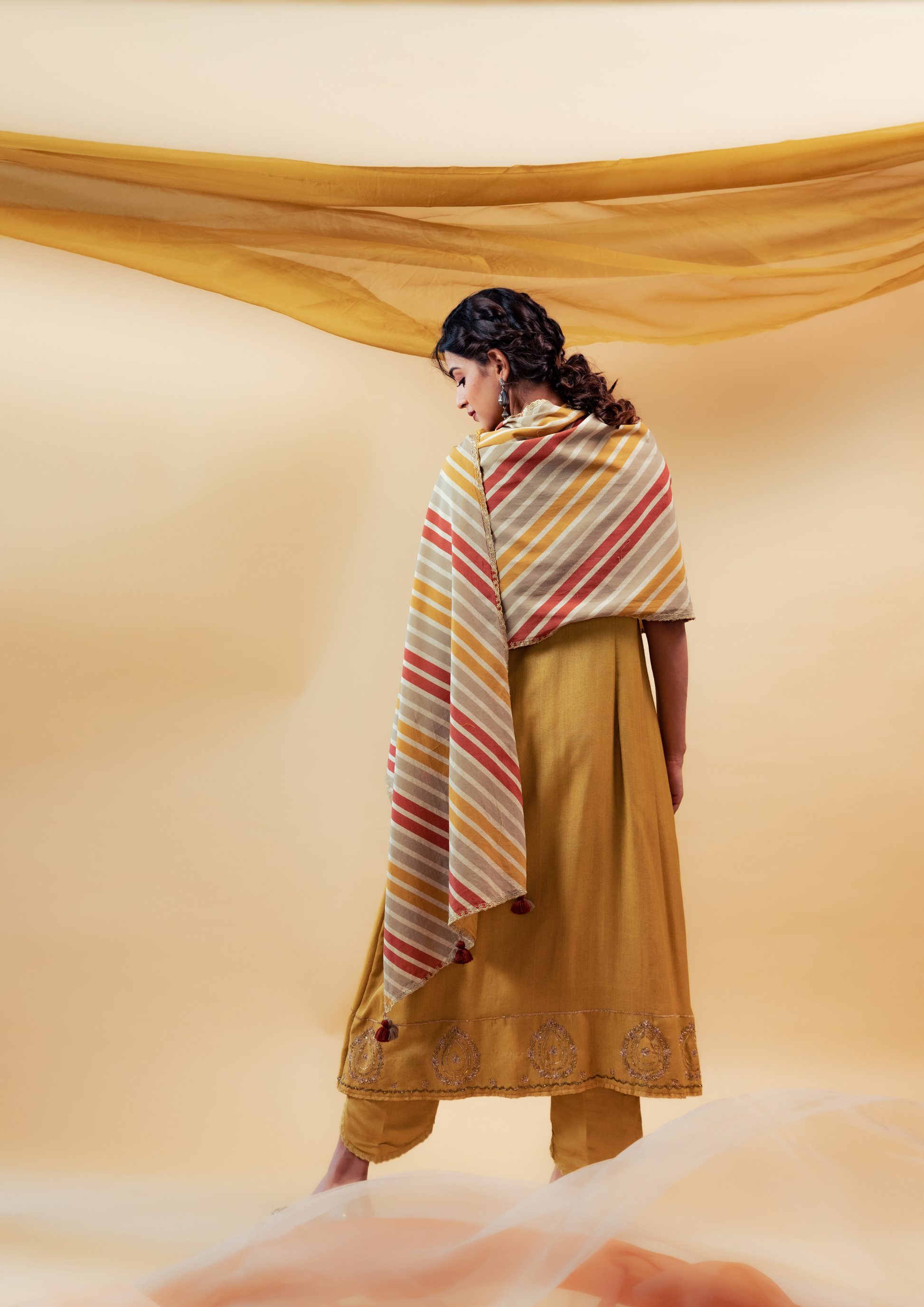 Mustard Cotton Silk Hand Embroidered Suit Set with Reversible Dupatta