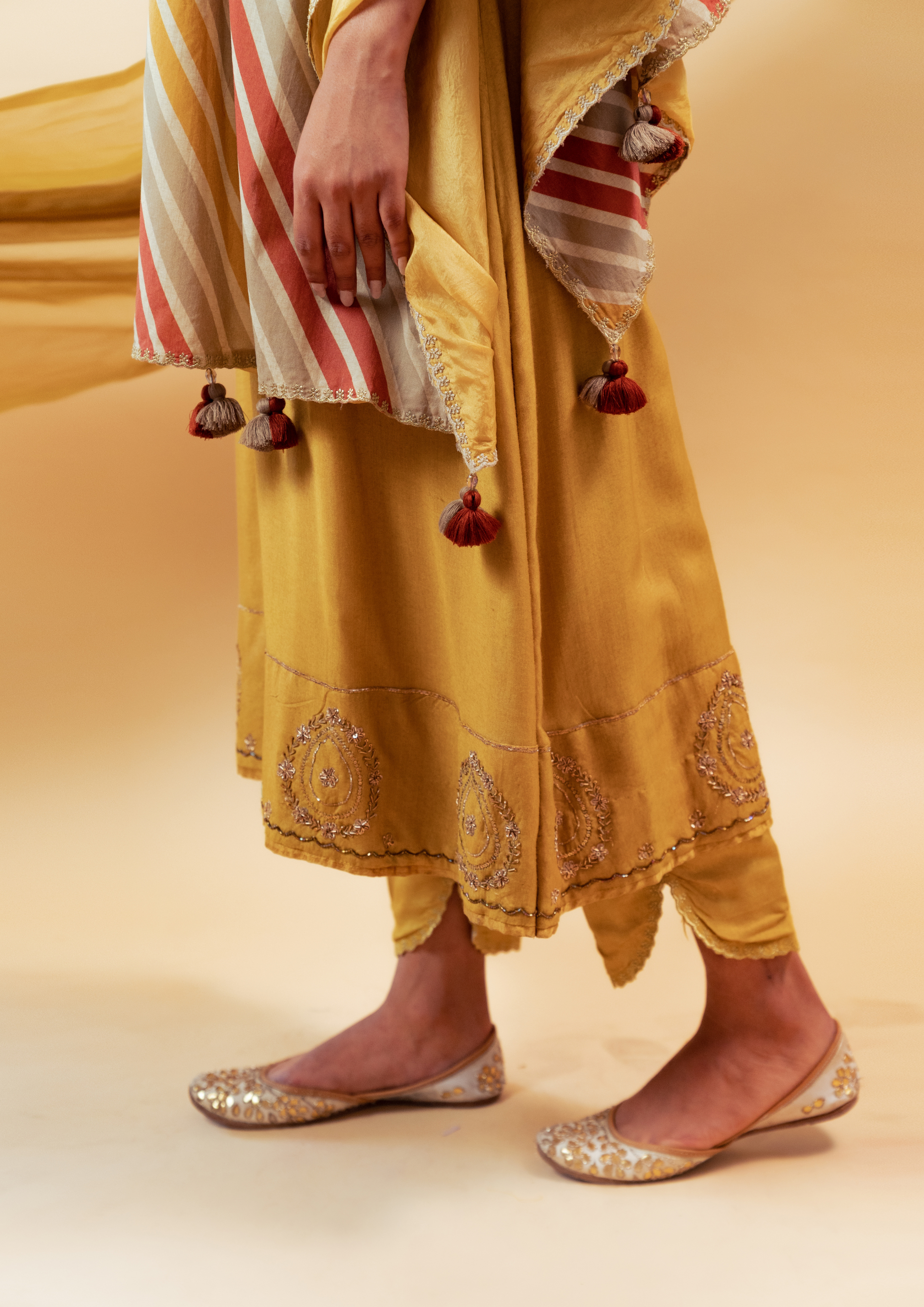 Mustard Cotton Silk Hand Embroidered Suit Set with Reversible Dupatta