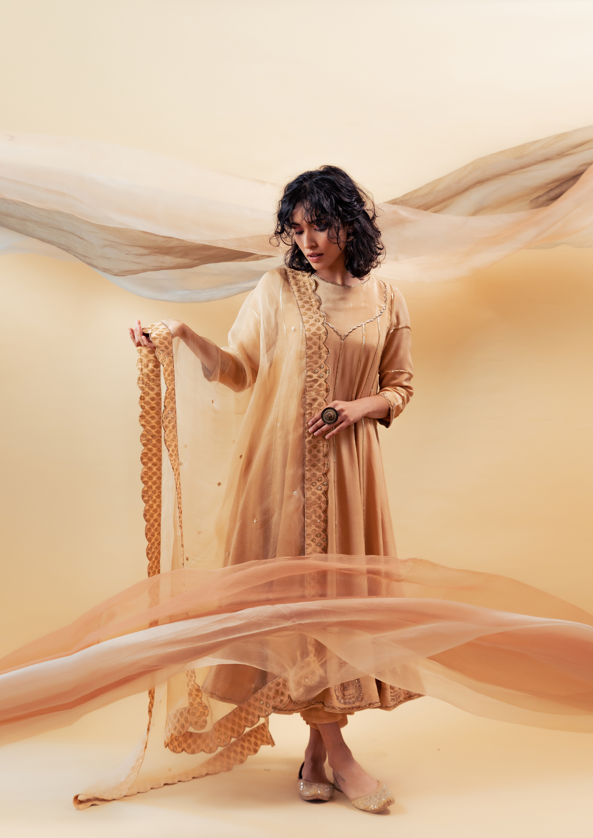 Peach Orange Silk Anarkali Hand Embroidered Suit Set with Silk Organza Dupatta and Pants