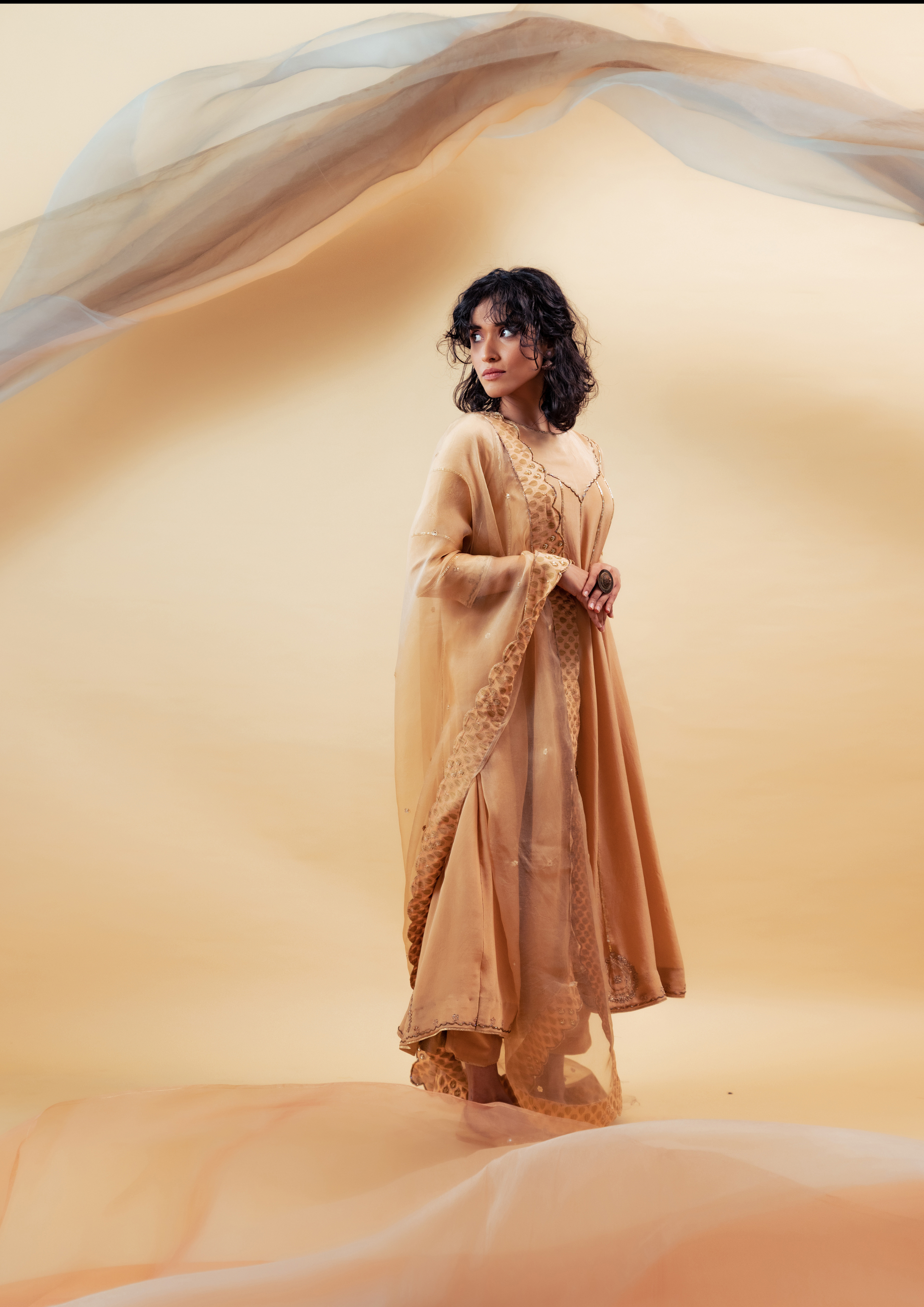 Peach Orange Silk Anarkali Hand Embroidered Suit Set with Silk Organza Dupatta and Pants