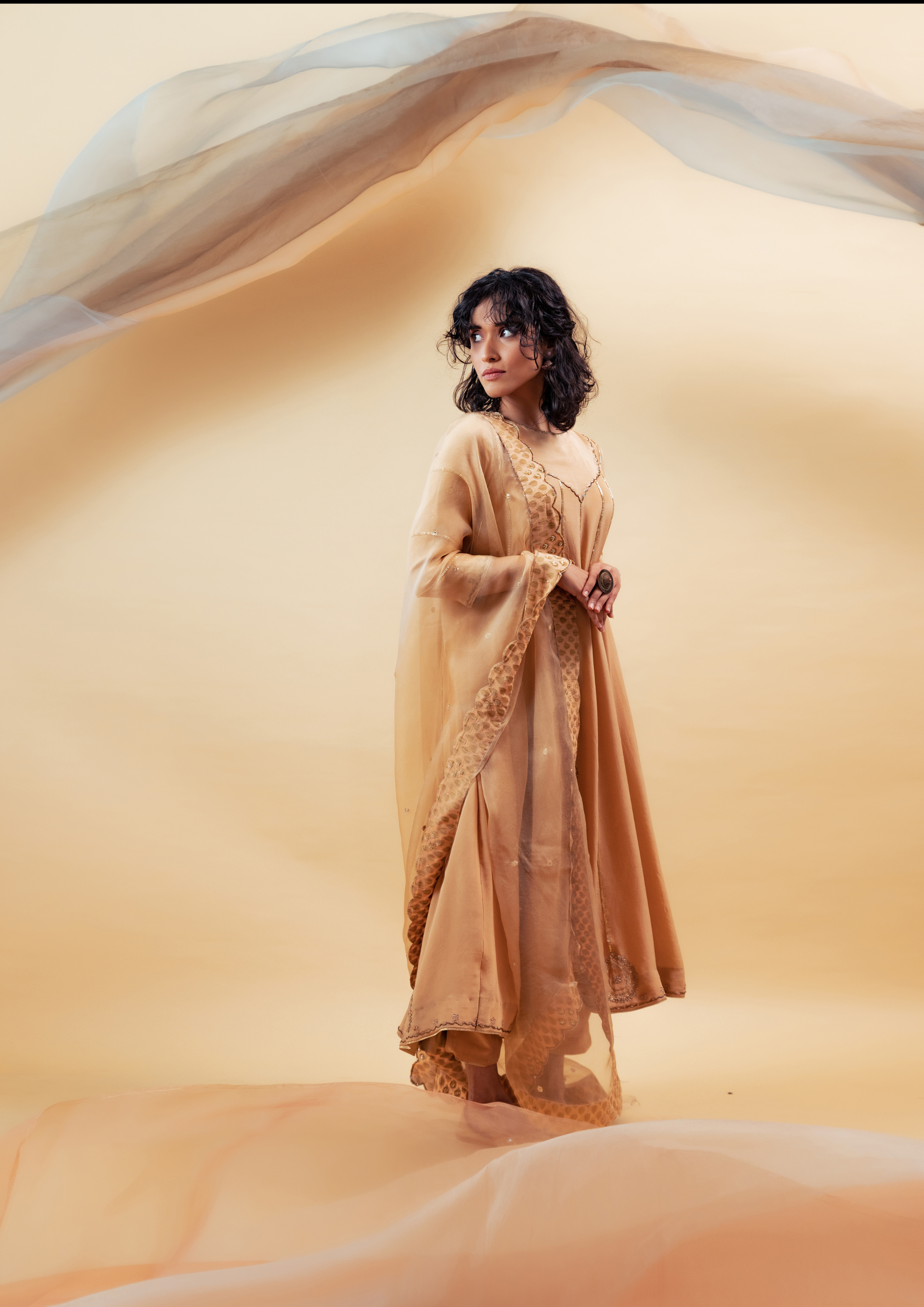 Peach Orange Silk Anarkali Hand Embroidered Suit Set with Silk Organza Dupatta and Pants