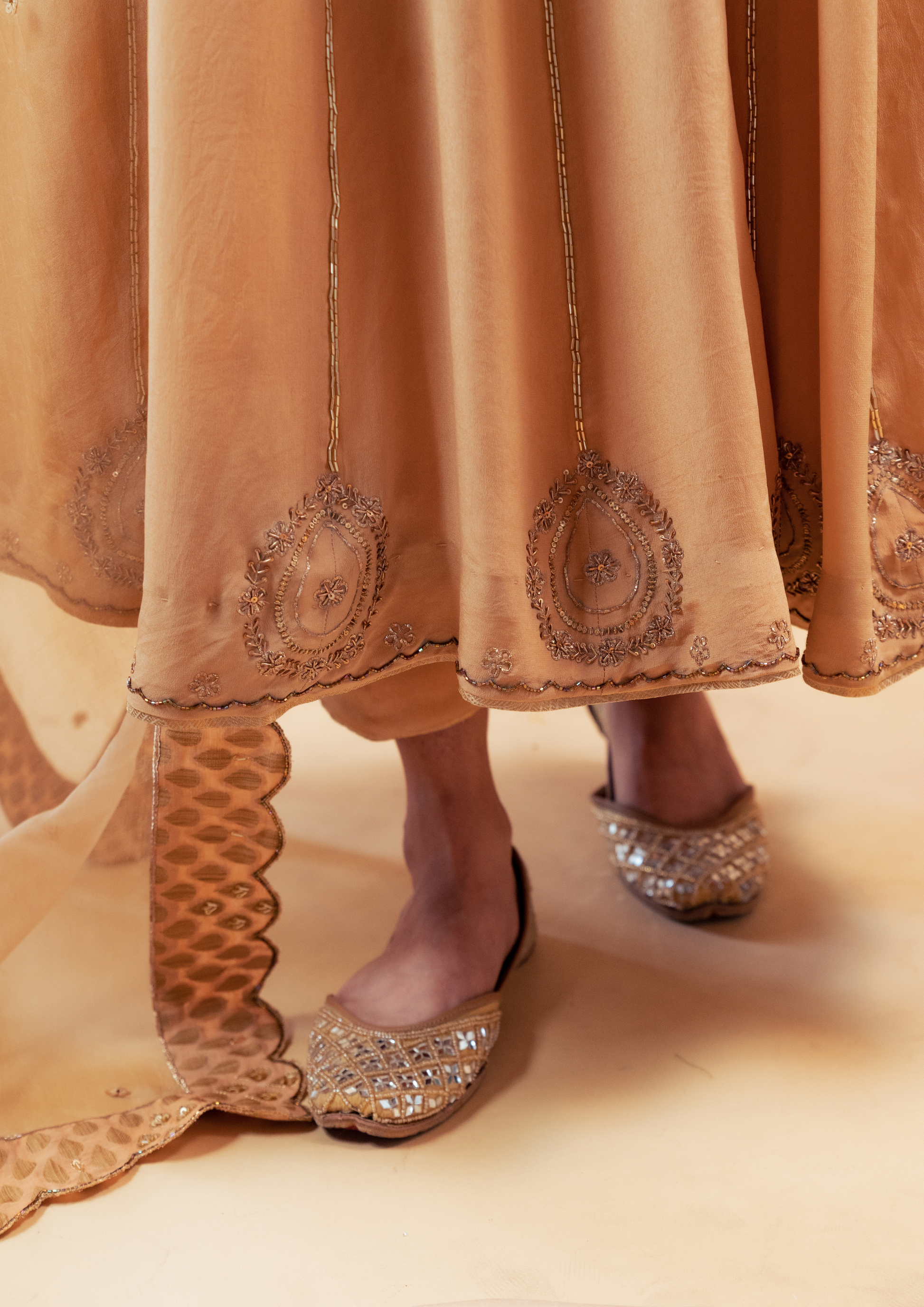 Peach Orange Silk Anarkali Hand Embroidered Suit Set with Silk Organza Dupatta and Pants