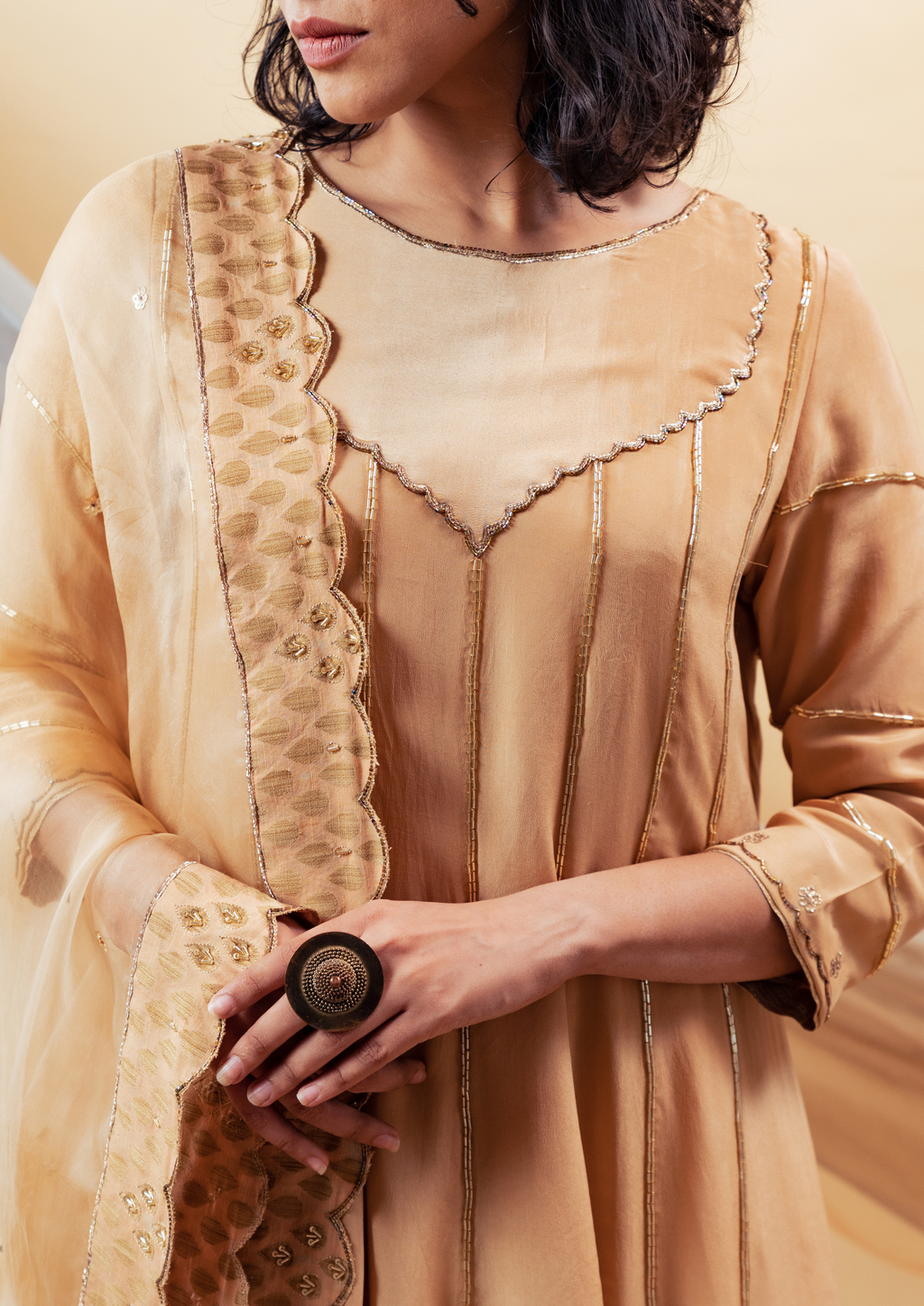 Peach Orange Silk Anarkali Hand Embroidered Suit Set with Silk Organza Dupatta and Pants