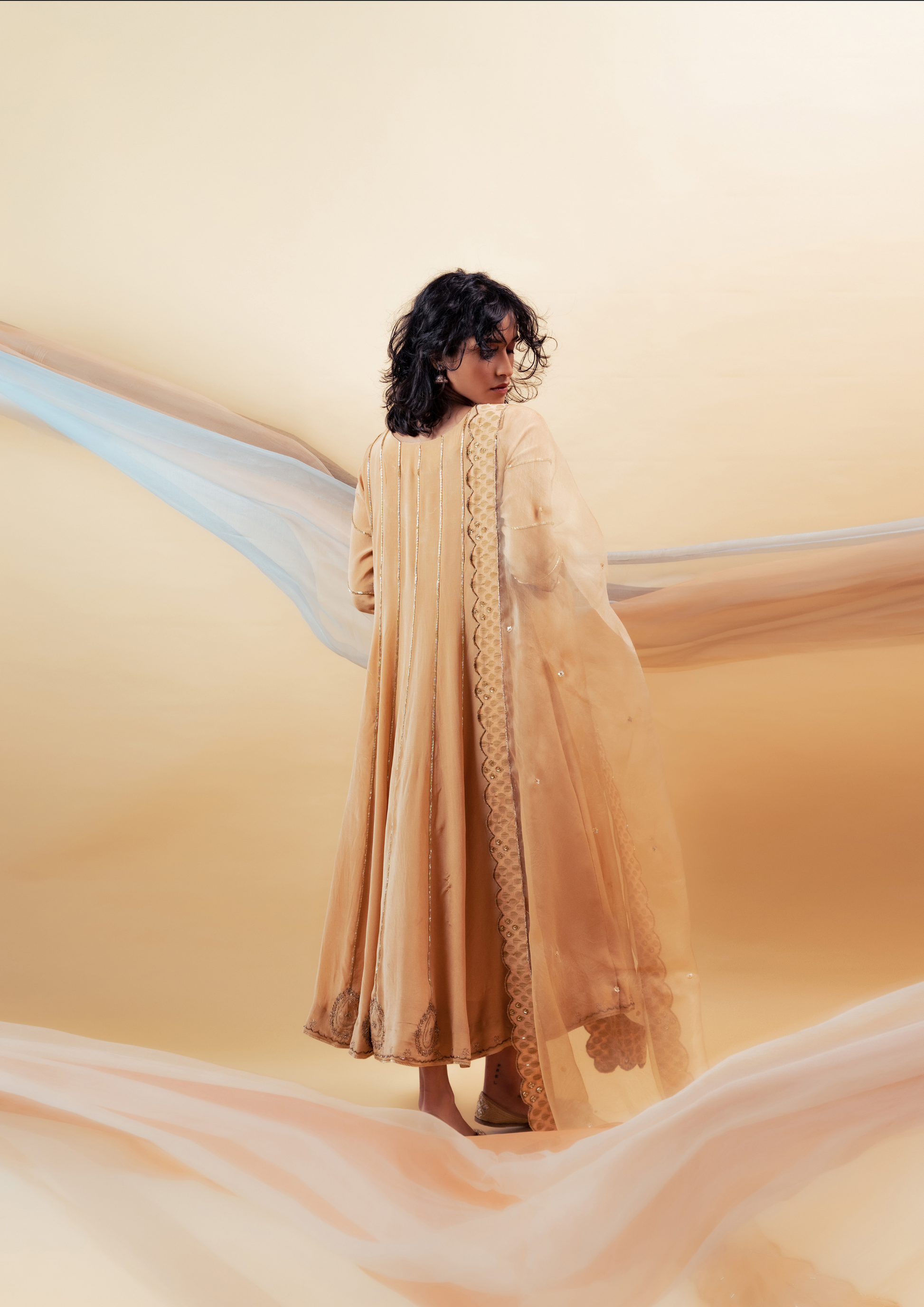 Peach Orange Silk Anarkali Hand Embroidered Suit Set with Silk Organza Dupatta and Pants