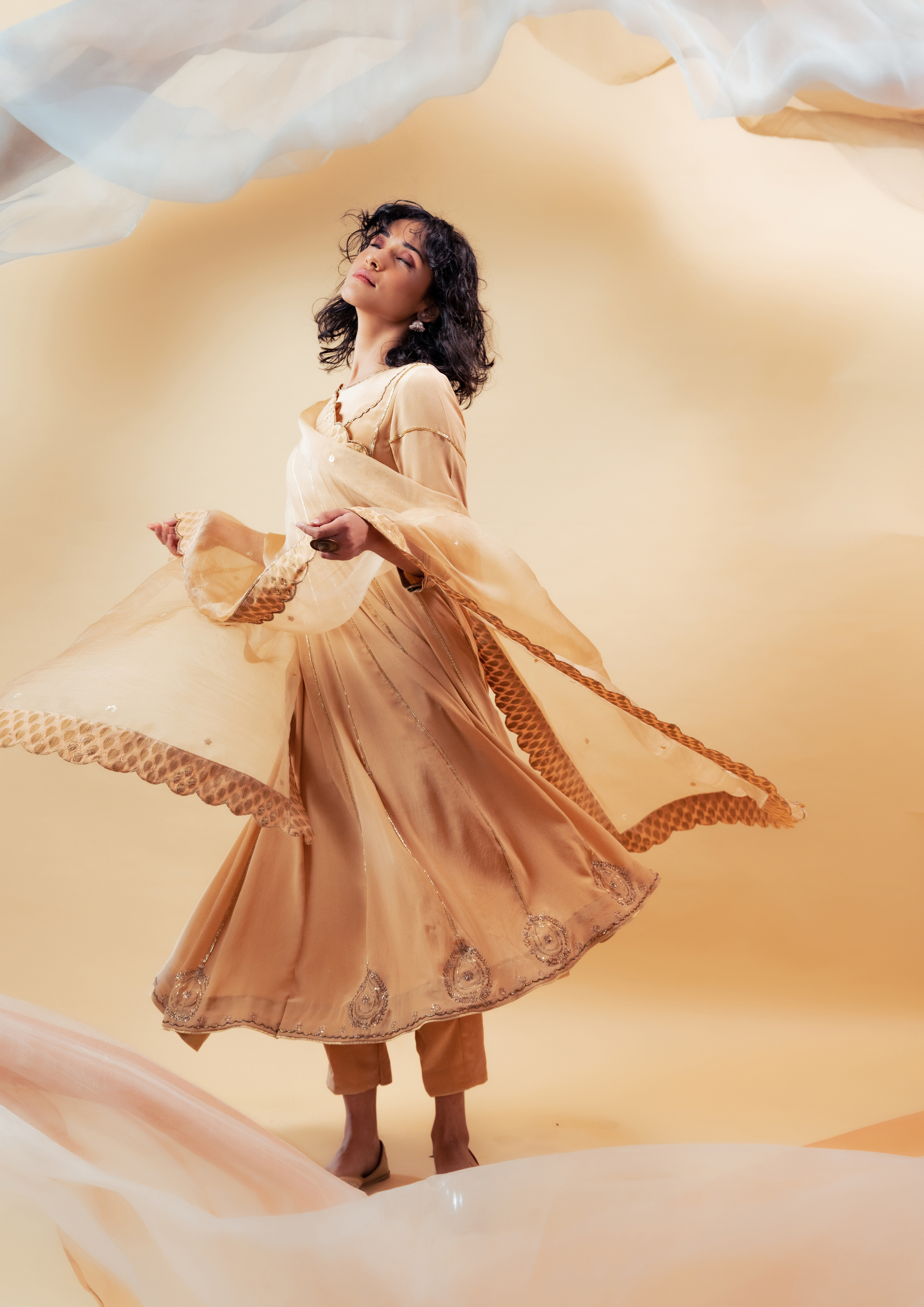 Peach Orange Silk Anarkali Hand Embroidered Suit Set with Silk Organza Dupatta and Pants