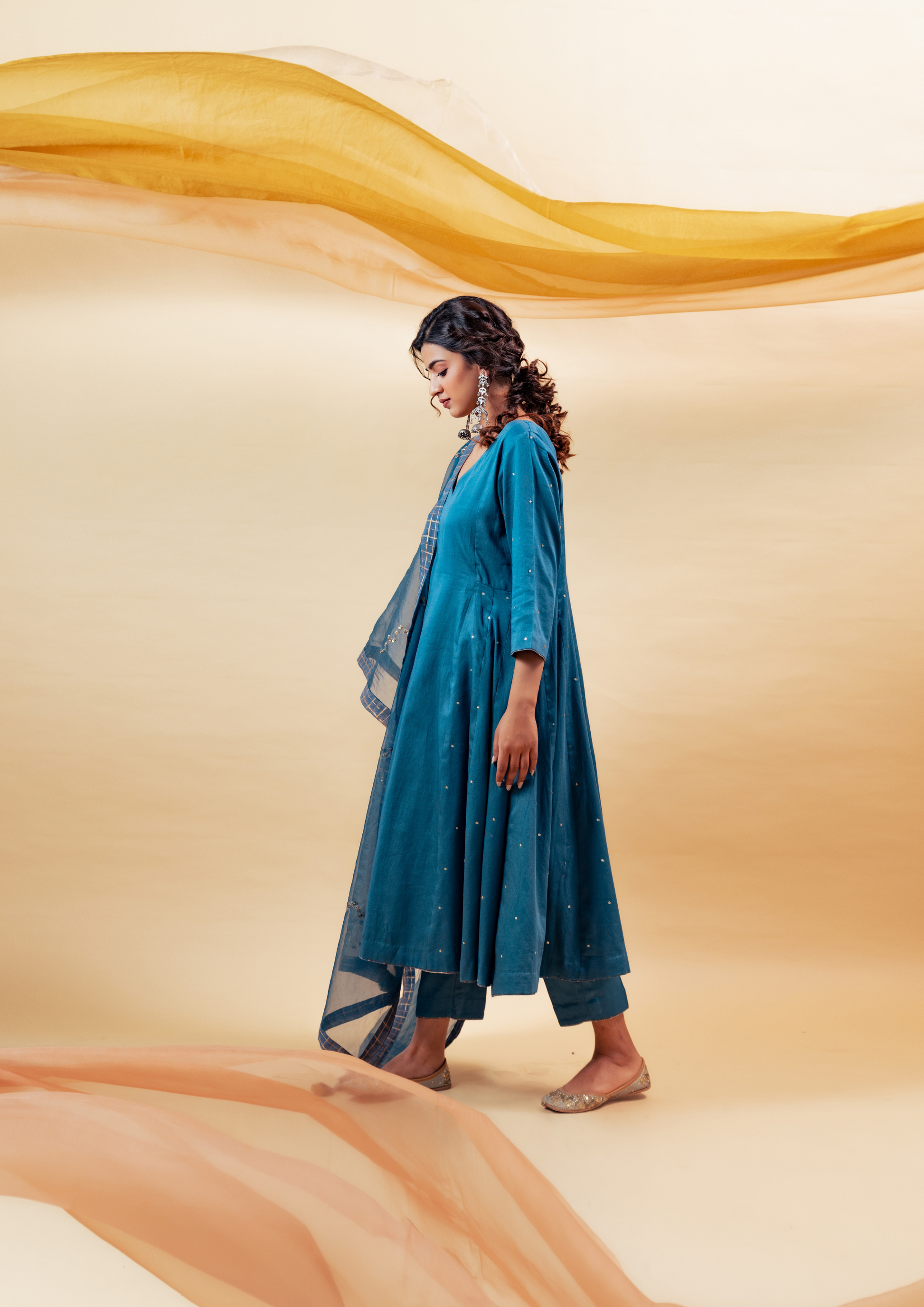 Electric Blue Cotton Silk Kalidaar Suit Set with Silk Organza Dupatta