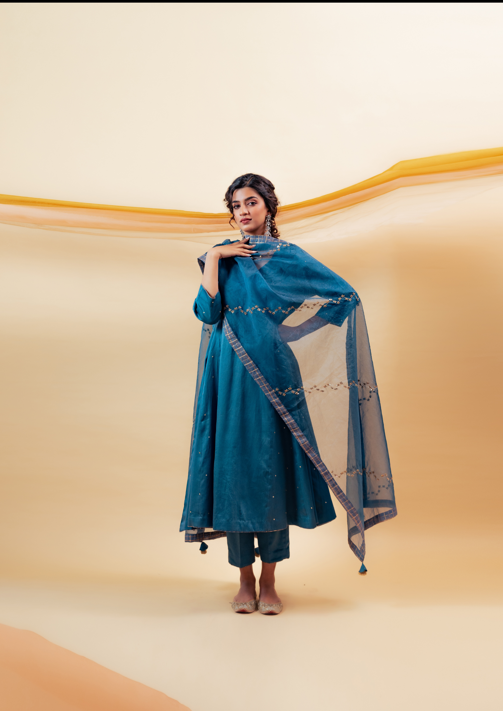 Electric Blue Cotton Silk Kalidaar Suit Set with Silk Organza Dupatta
