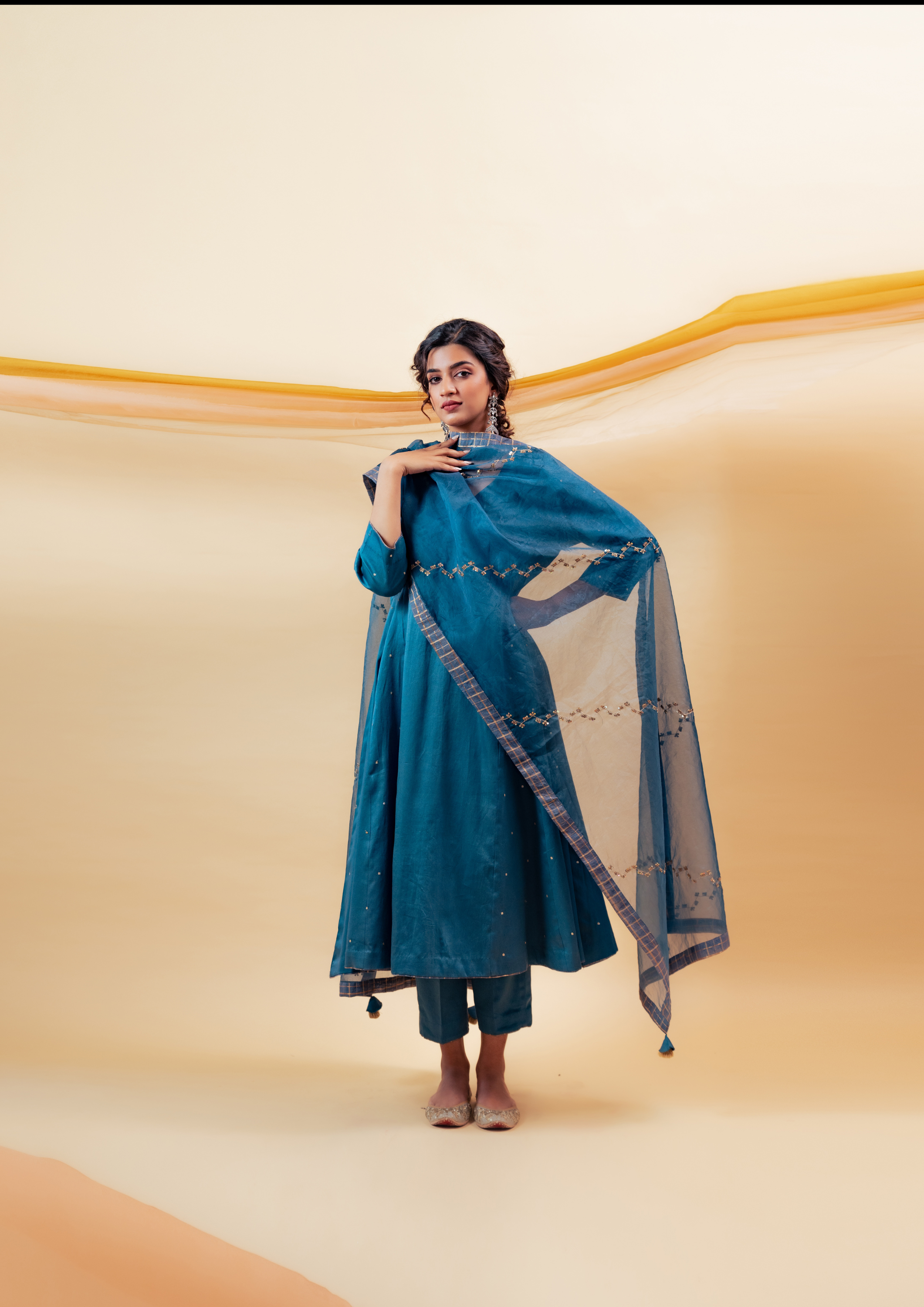 Electric Blue Cotton Silk Kalidaar Suit Set with Silk Organza Dupatta