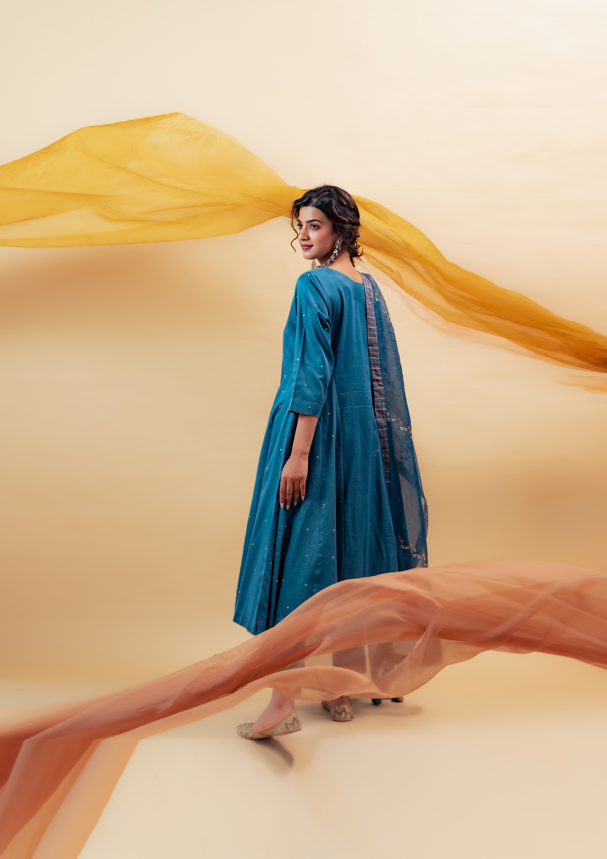 Electric Blue Cotton Silk Kalidaar Suit Set with Silk Organza Dupatta
