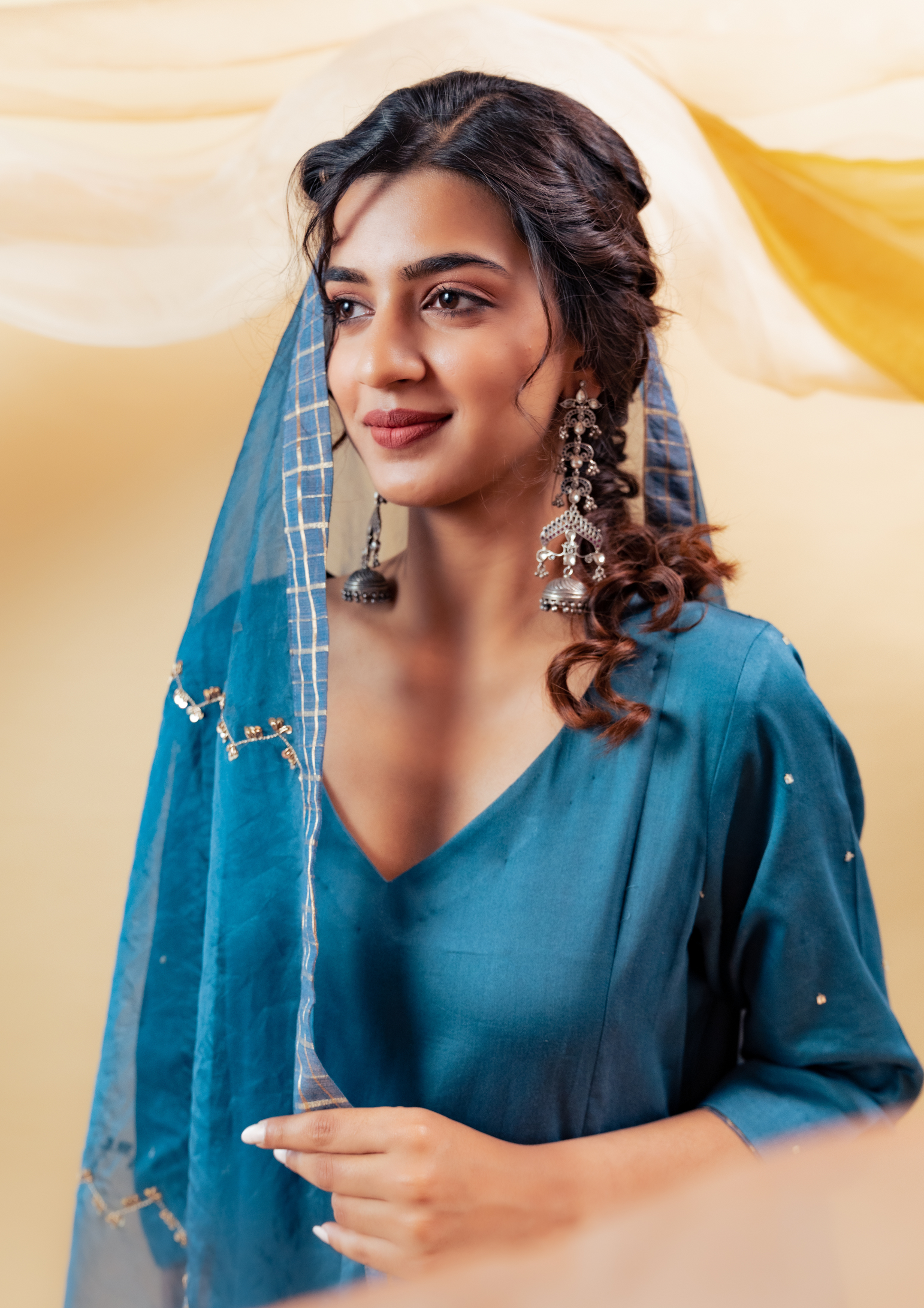 Electric Blue Cotton Silk Kalidaar Suit Set with Silk Organza Dupatta