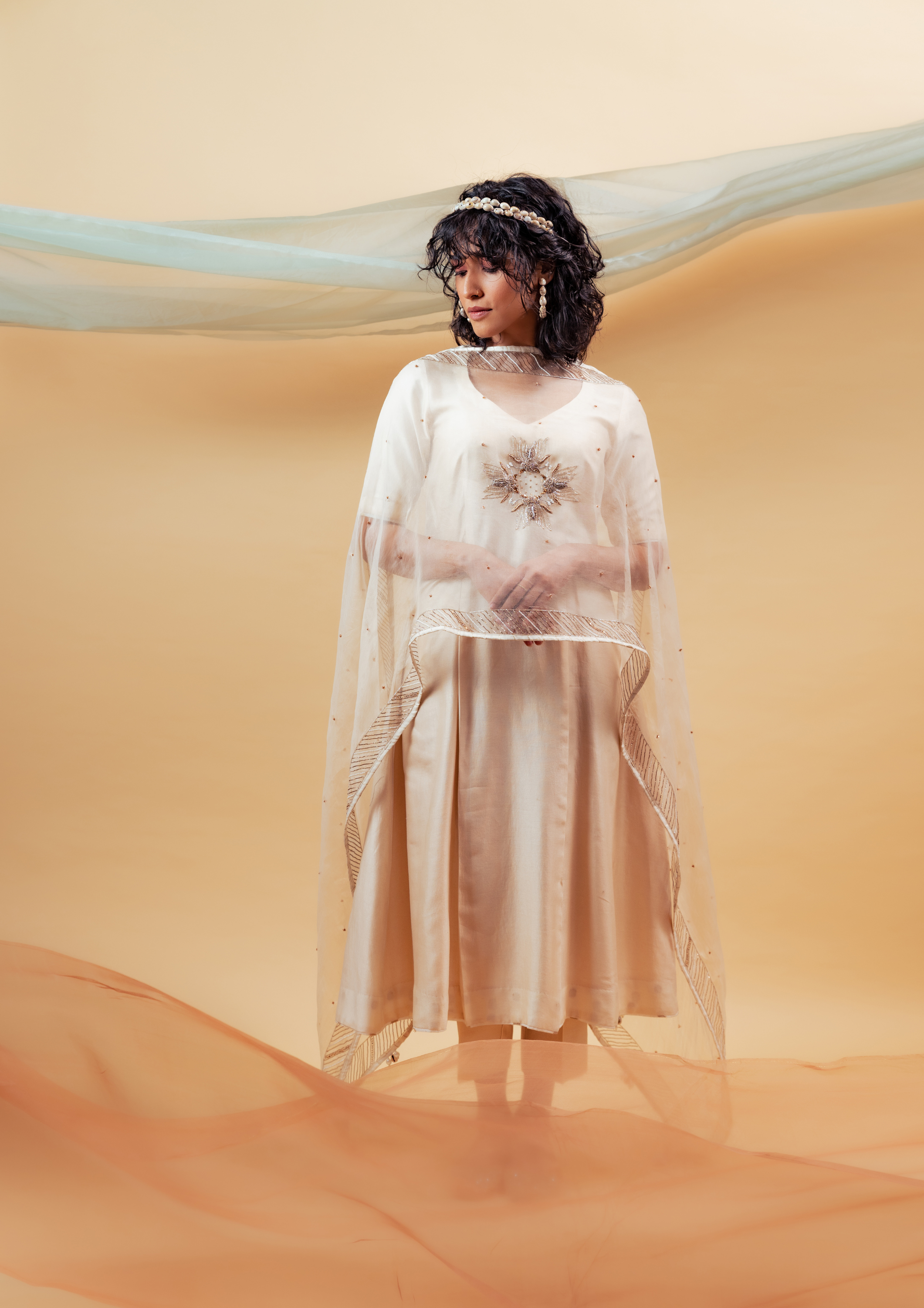 Ivory Silk Chanderi Hand Embroidered Suit Set