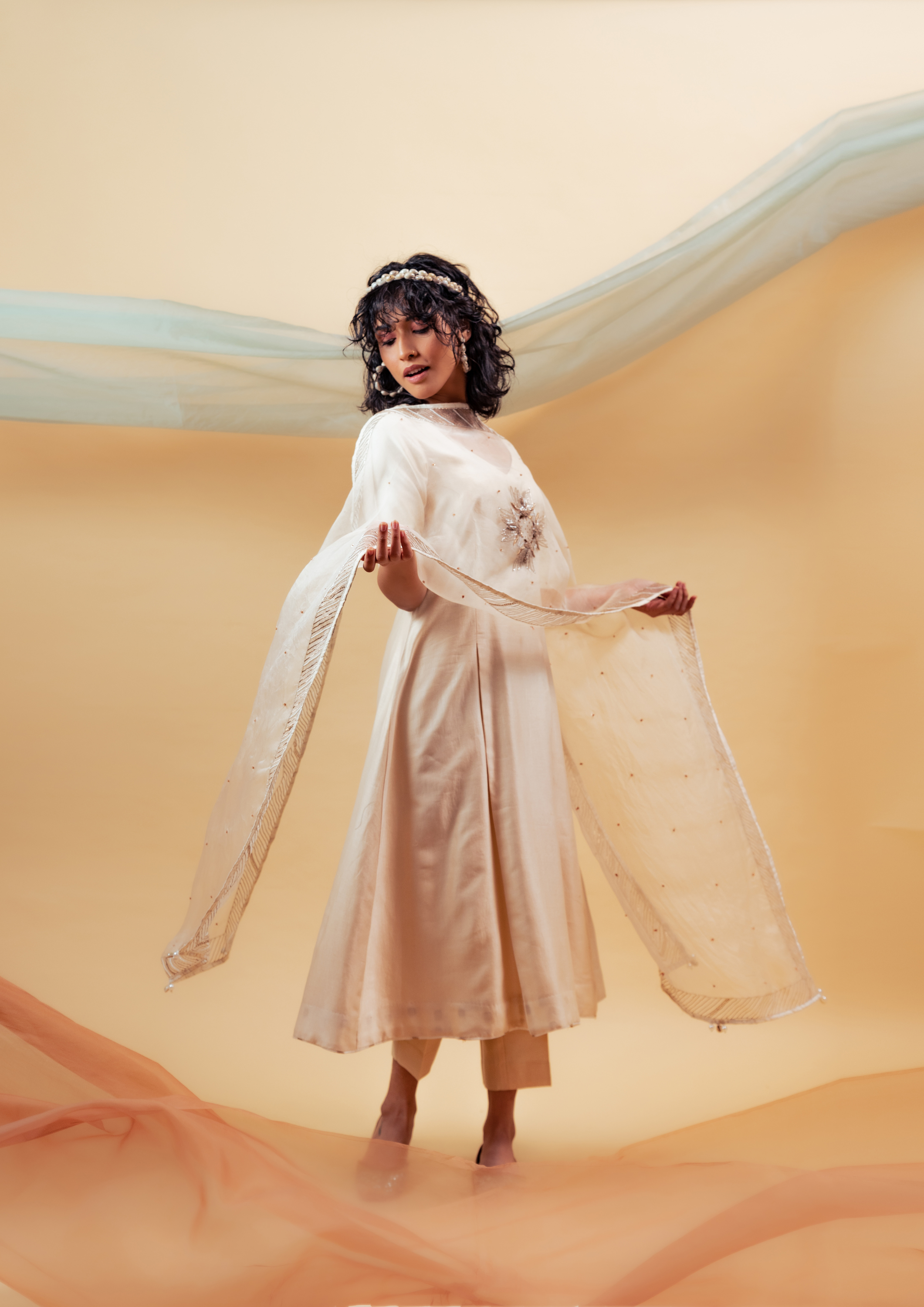 Ivory Silk Chanderi Hand Embroidered Suit Set