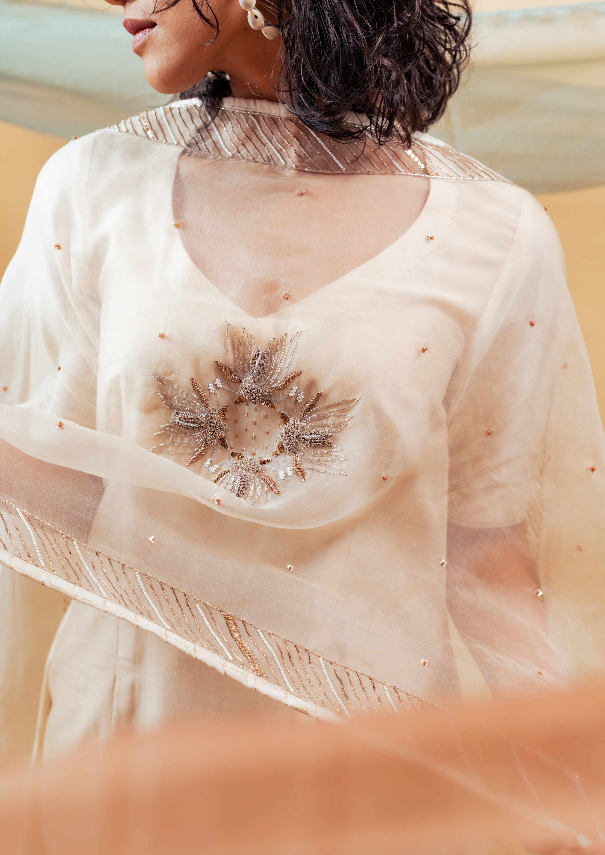 Ivory Silk Chanderi Hand Embroidered Suit Set