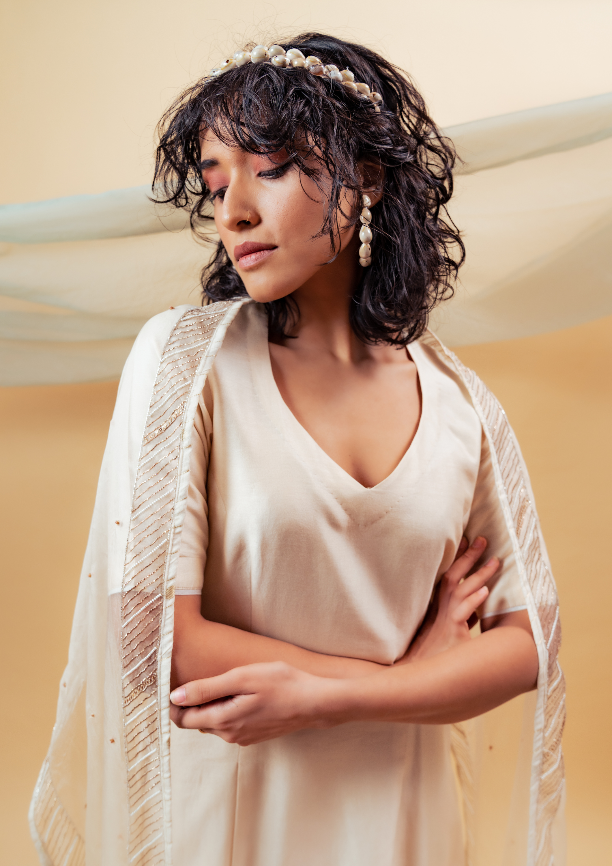 Ivory Silk Chanderi Hand Embroidered Suit Set