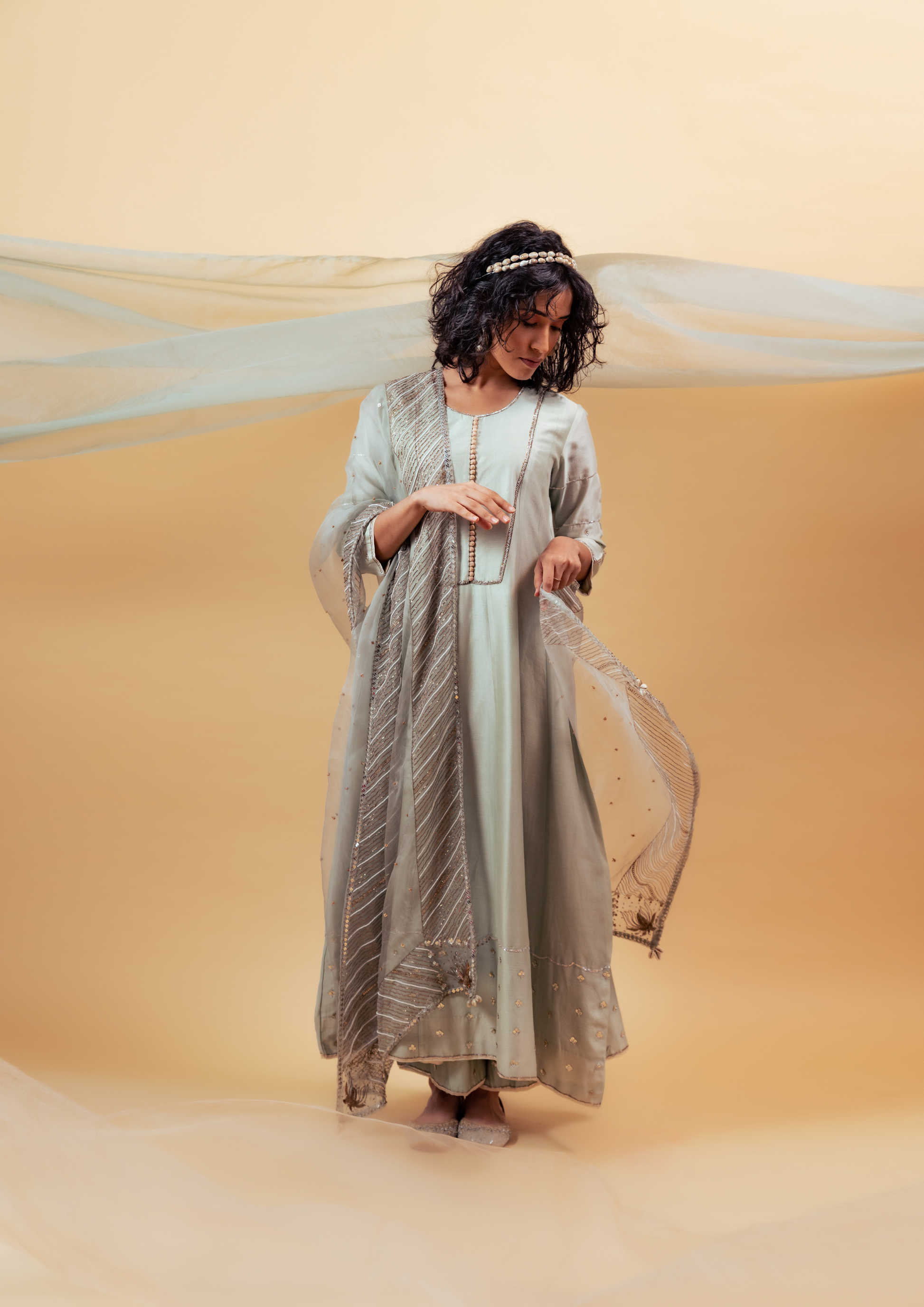 Eggshell Green Hand Embroidered Anarkali Suit Set