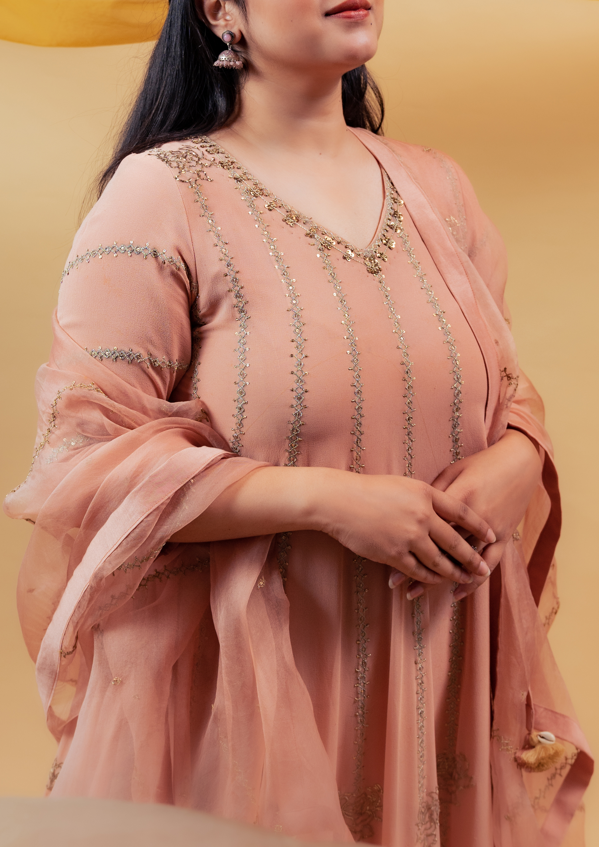Dusty Pink Pure Georgette Hand Embroidered Anarkali Suit Set