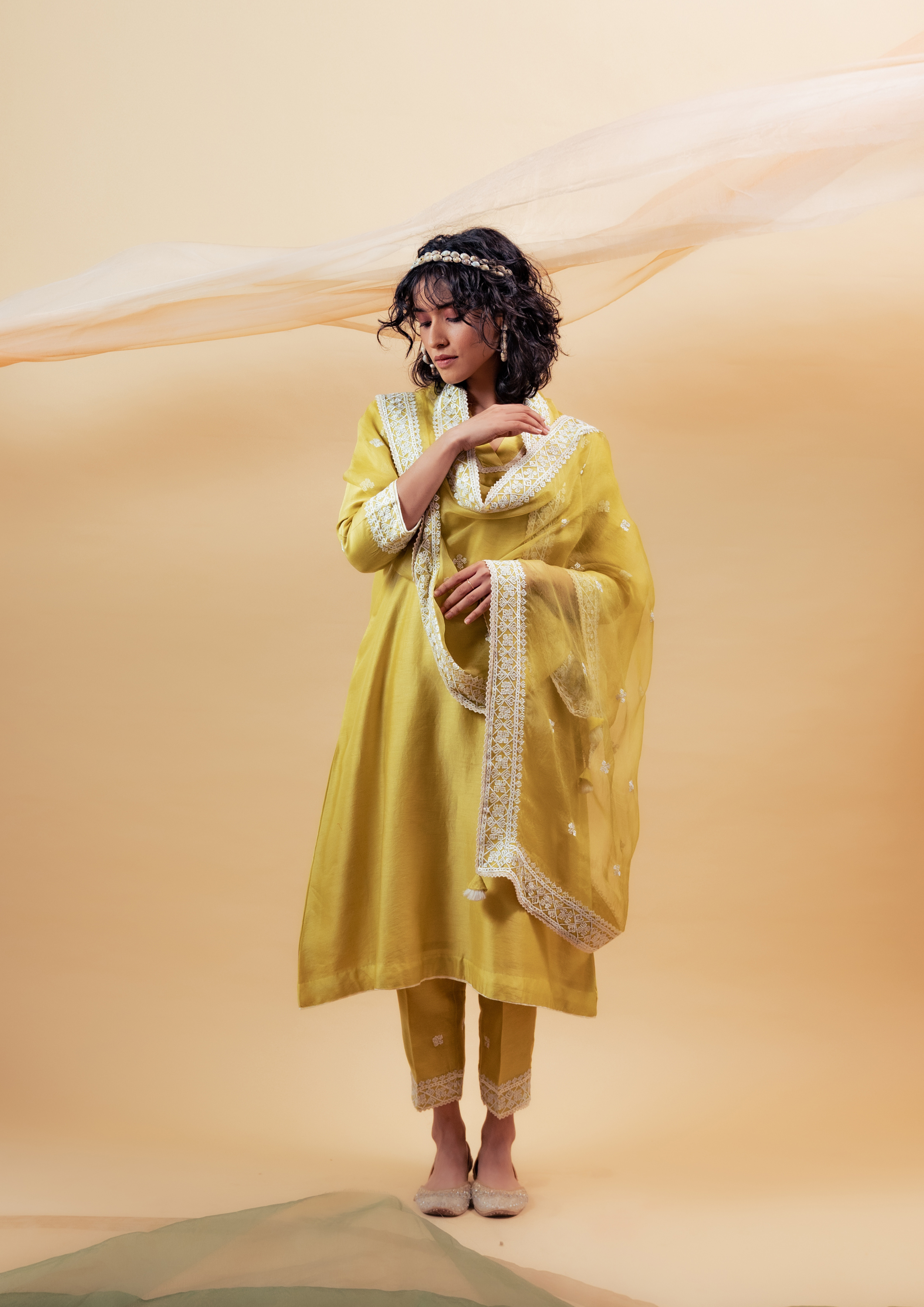 Lime Green Silk Chanderi Kurta with Pants and Dupatta