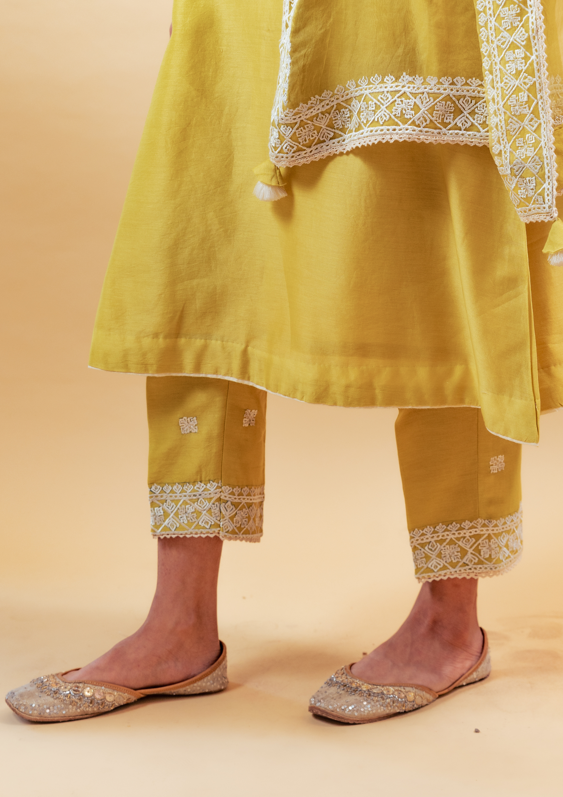 Lime Green Silk Chanderi Kurta with Pants and Dupatta