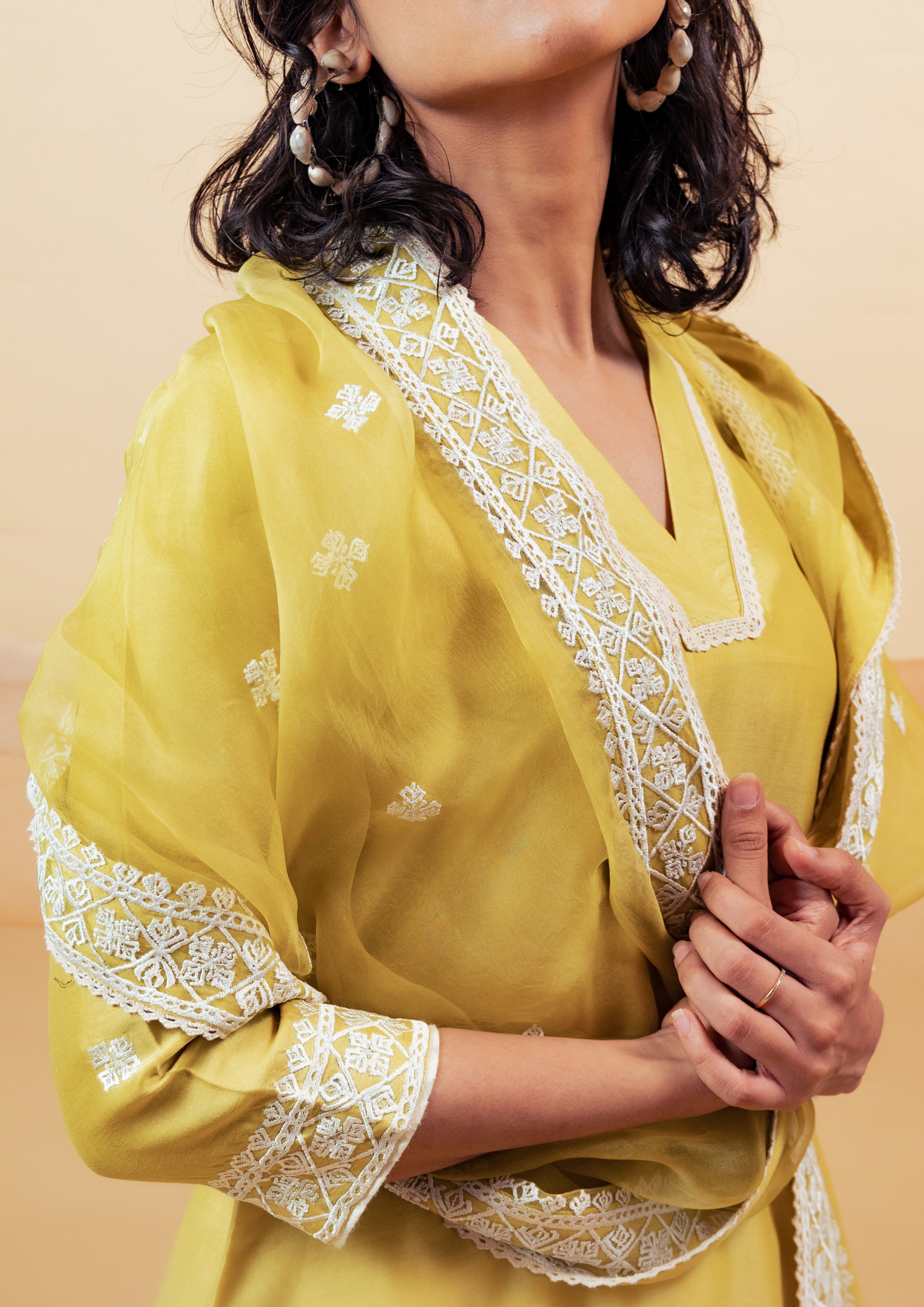 Lime Green Silk Chanderi Kurta with Pants and Dupatta