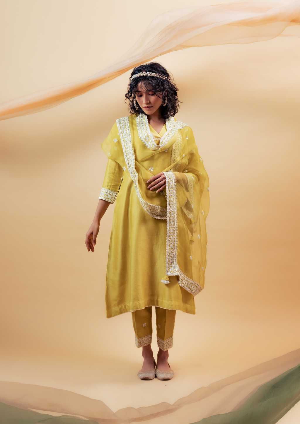 Lime Green Silk Chanderi Kurta with Pants and Dupatta