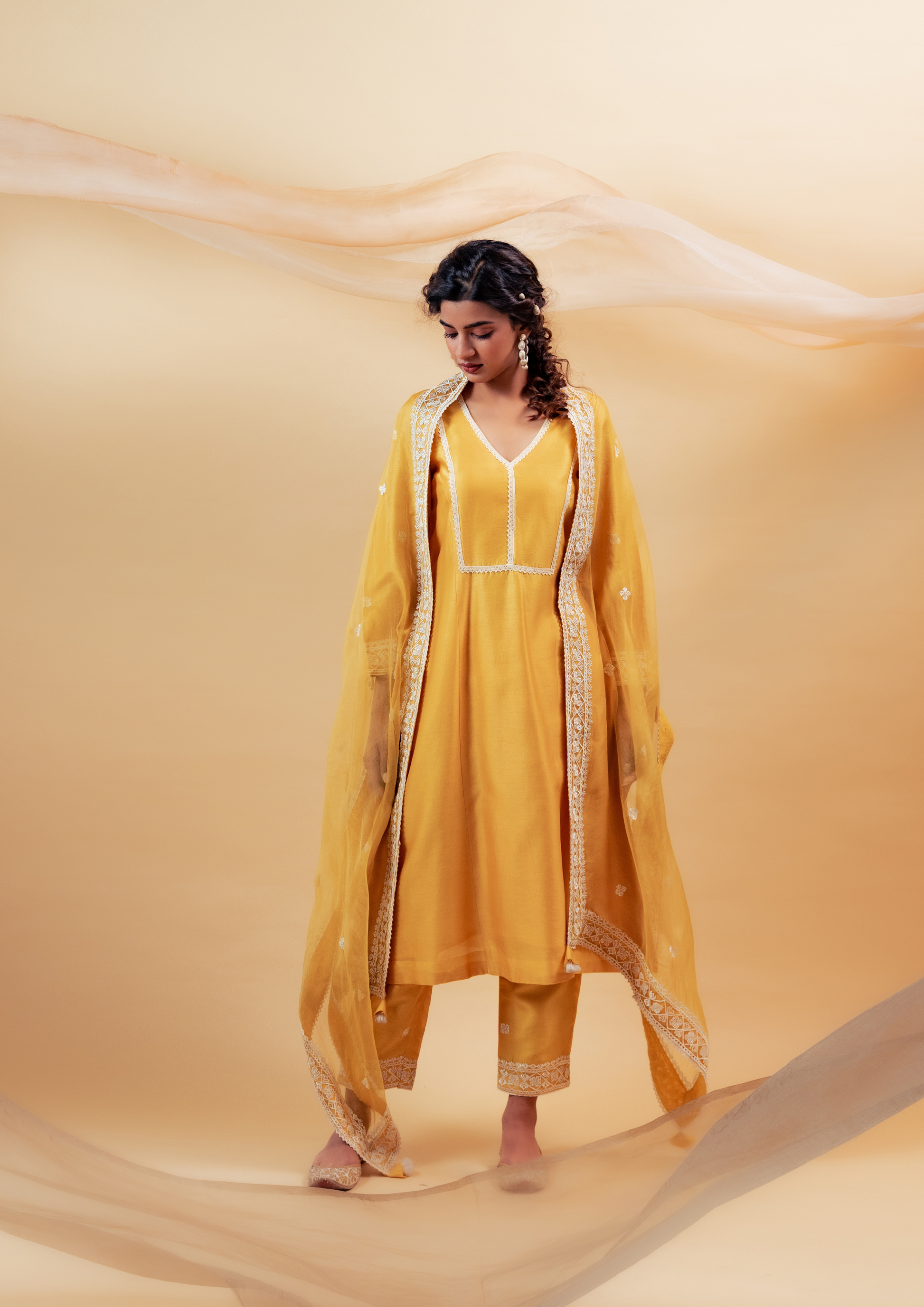 Yellow Silk Chanderi Kurta with Pants and Dupatta