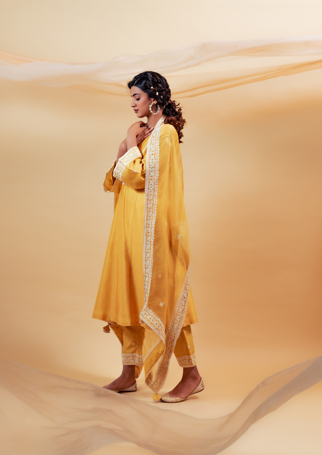 Yellow Silk Chanderi Kurta with Pants and Dupatta