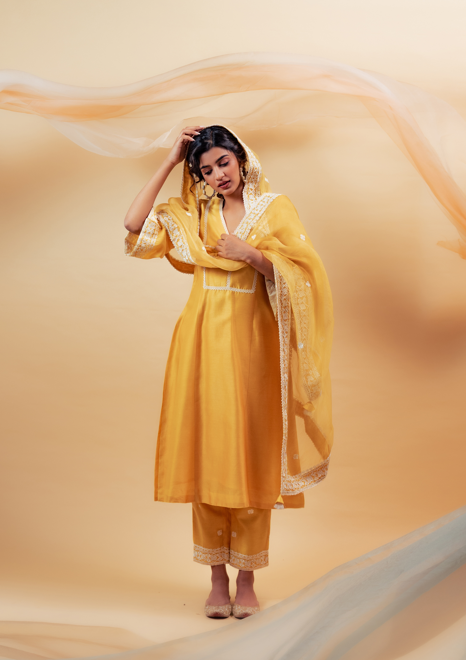 Yellow Silk Chanderi Kurta with Pants and Dupatta