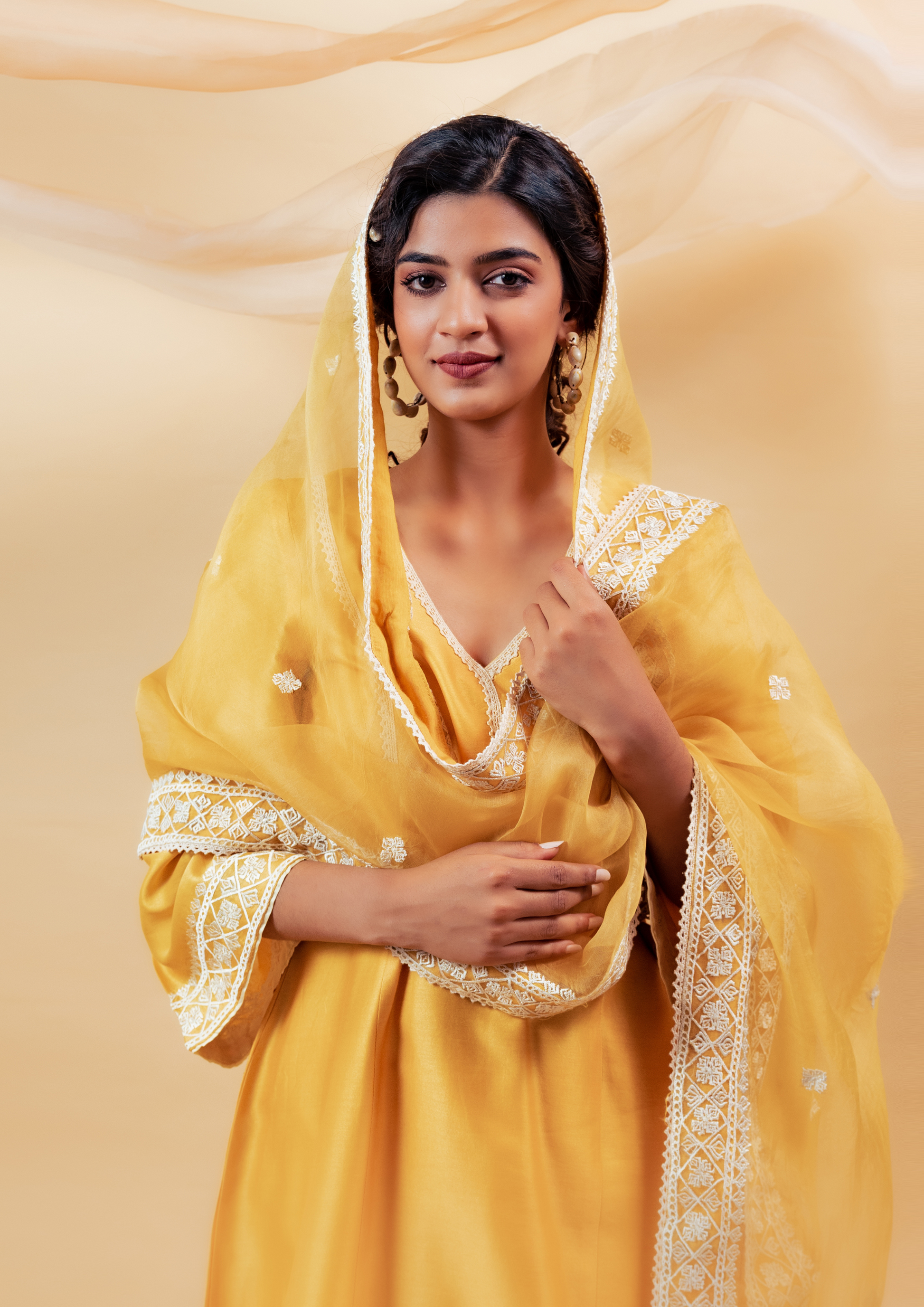 Yellow Silk Chanderi Kurta with Pants and Dupatta