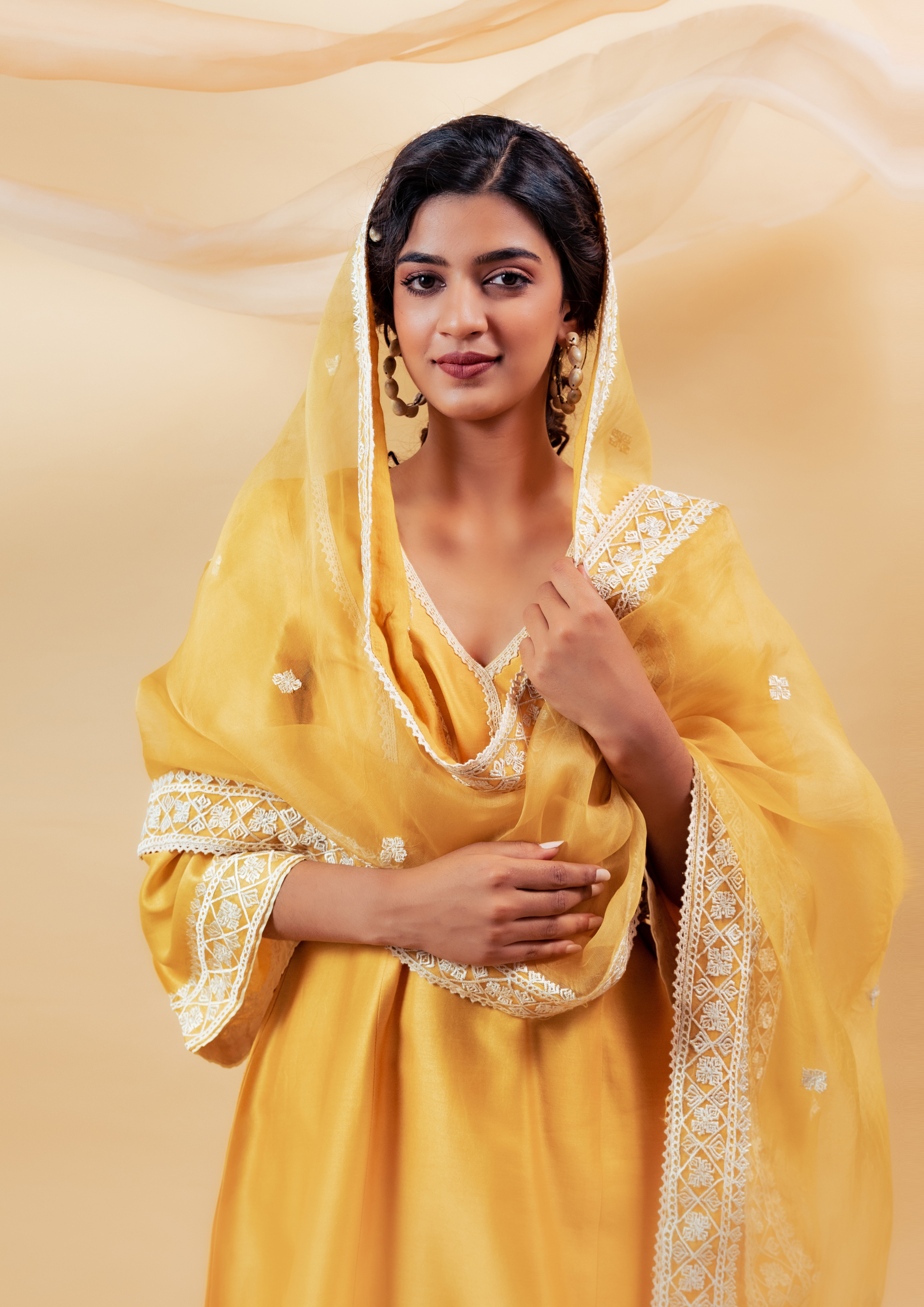 Yellow Silk Chanderi Kurta with Pants and Dupatta