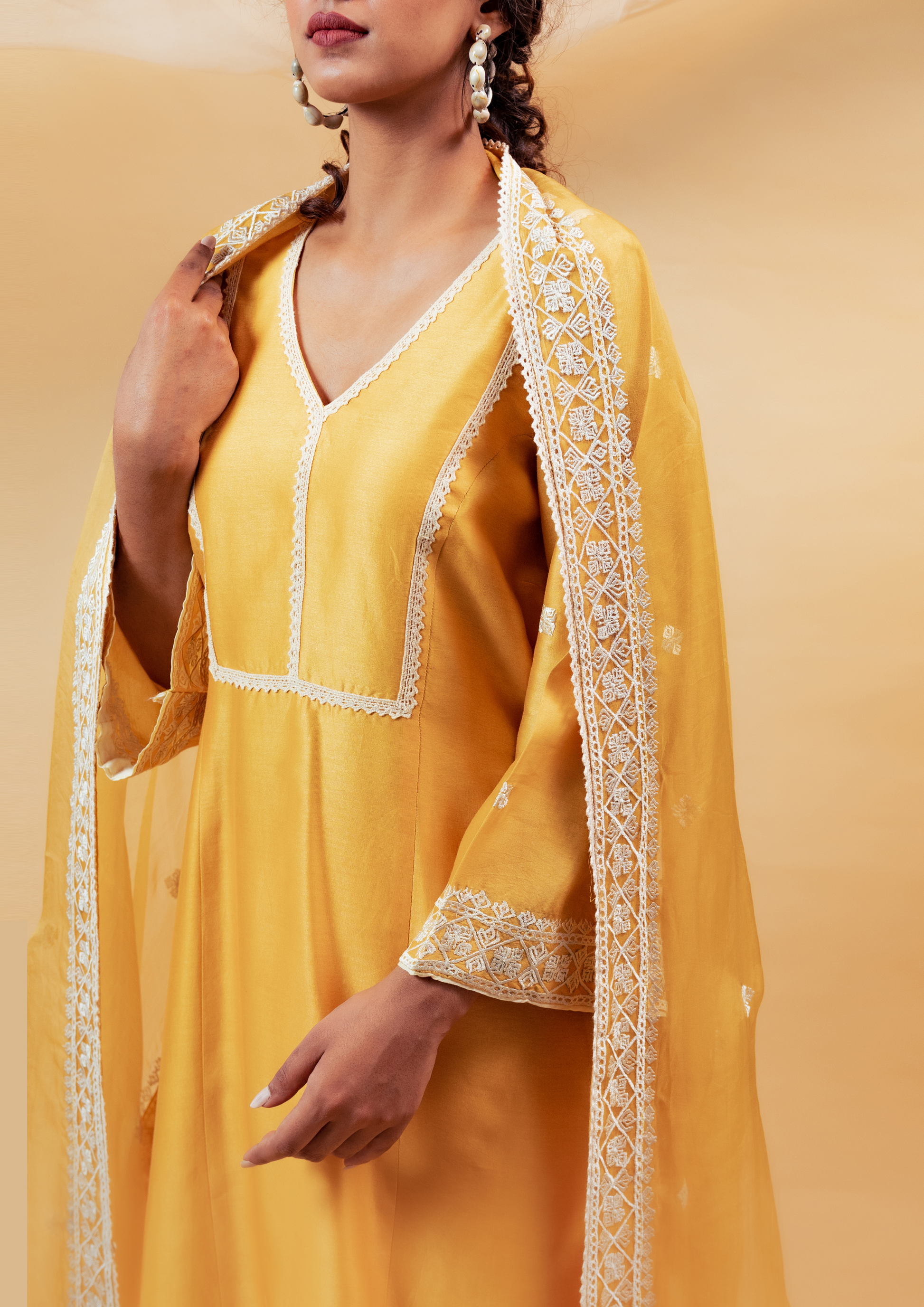 Yellow Silk Chanderi Kurta with Pants and Dupatta