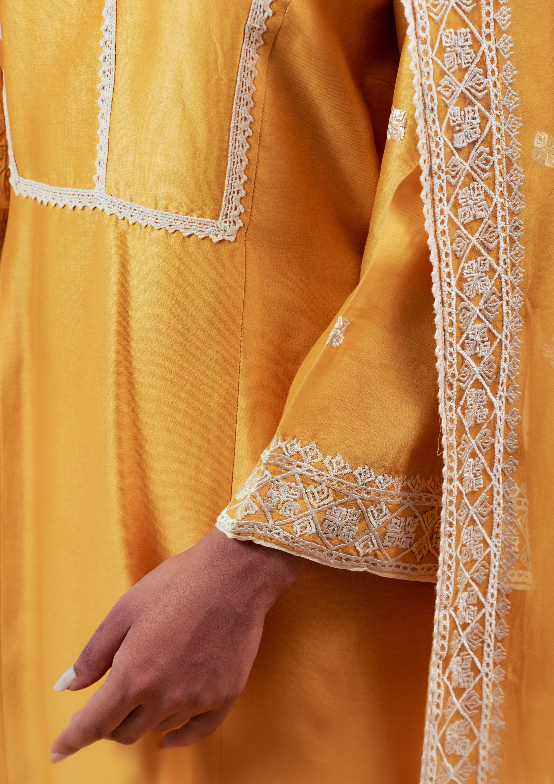Yellow Silk Chanderi Kurta with Pants and Dupatta