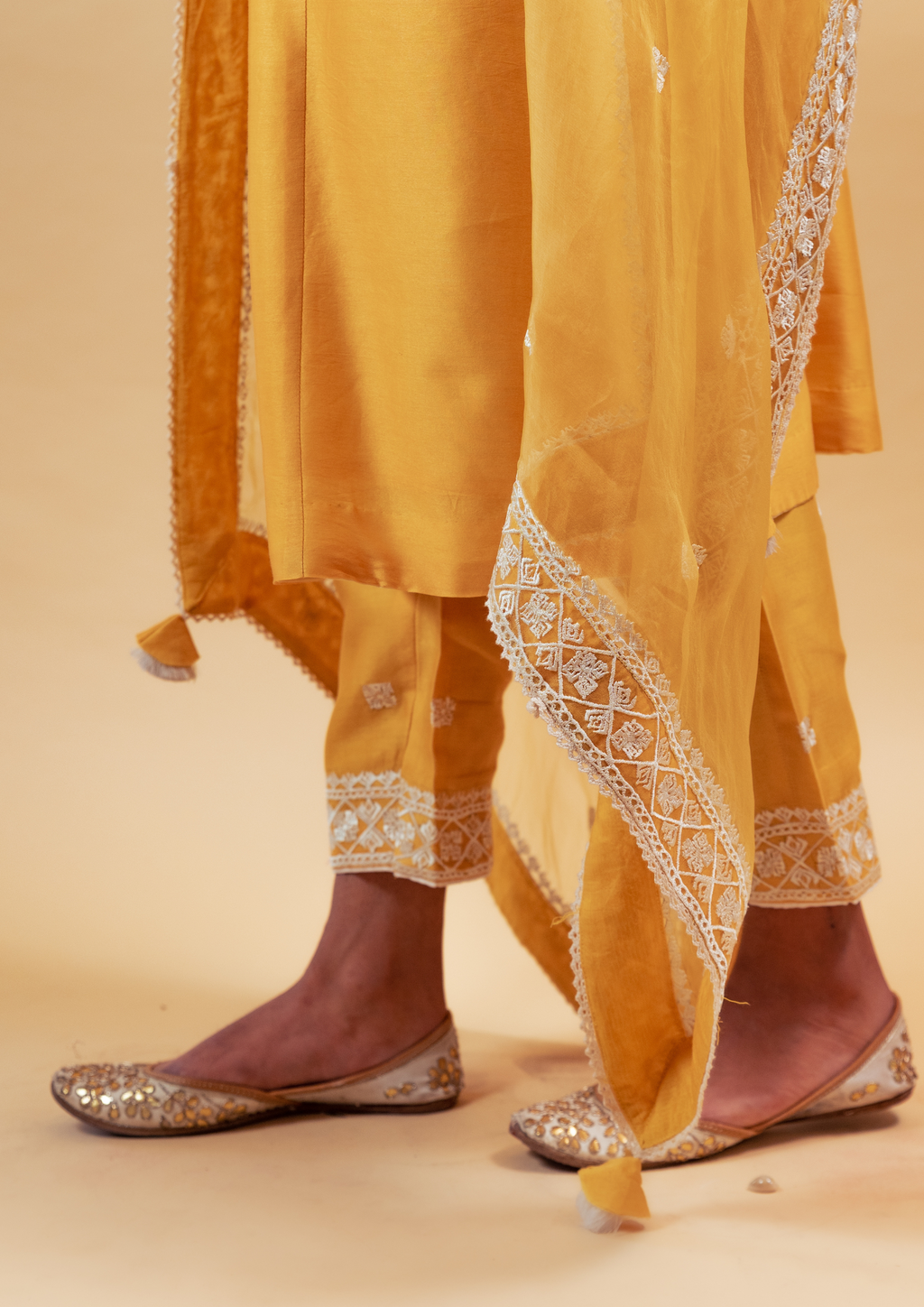 Yellow Silk Chanderi Kurta with Pants and Dupatta