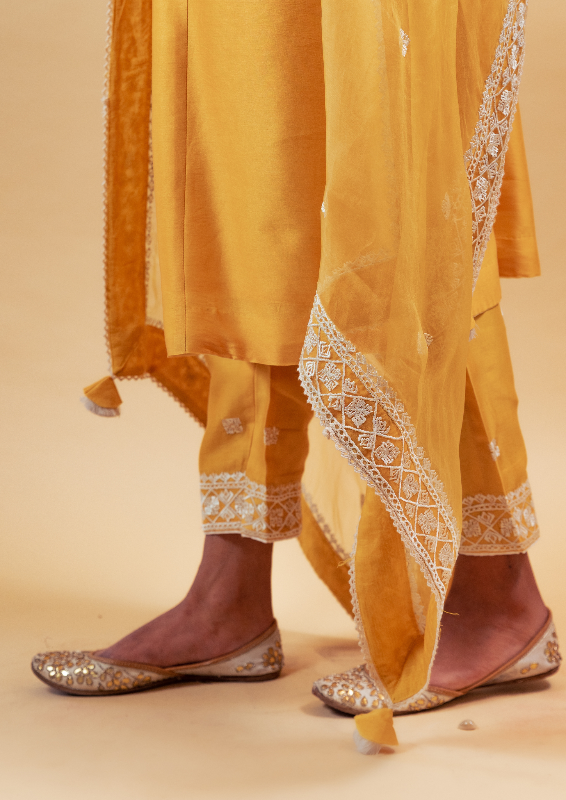 Yellow Silk Chanderi Kurta with Pants and Dupatta