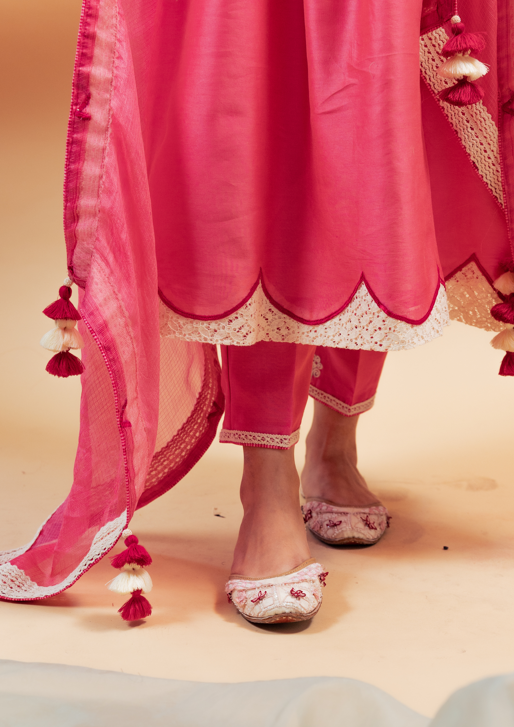 Fushia Pink Silk Chanderi Kurta with Pants and Dupatta