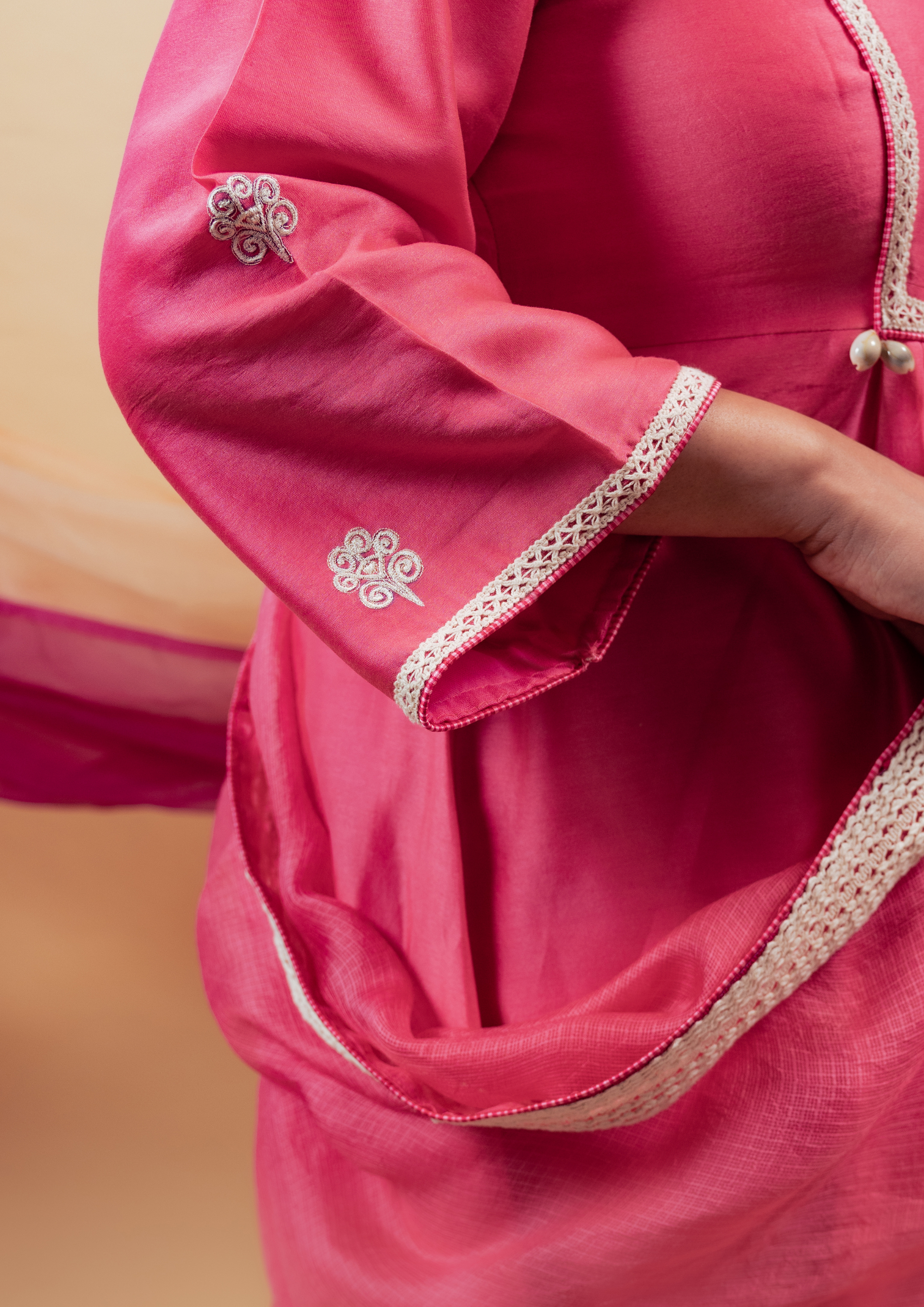 Fushia Pink Silk Chanderi Kurta with Pants and Dupatta