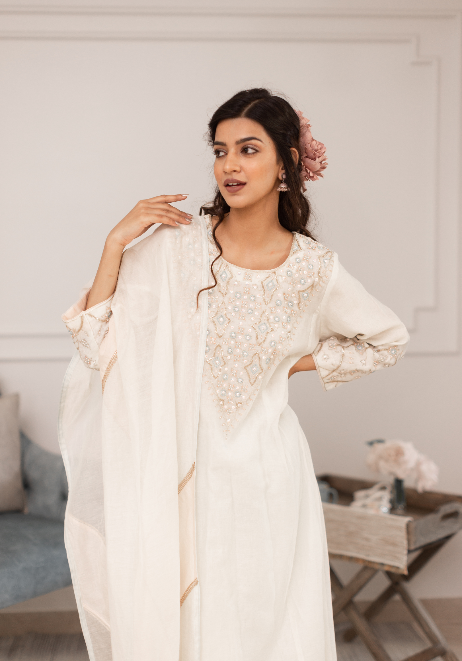 Off White Chanderi Hand Embroidered Kurta with Pants and Dupatta