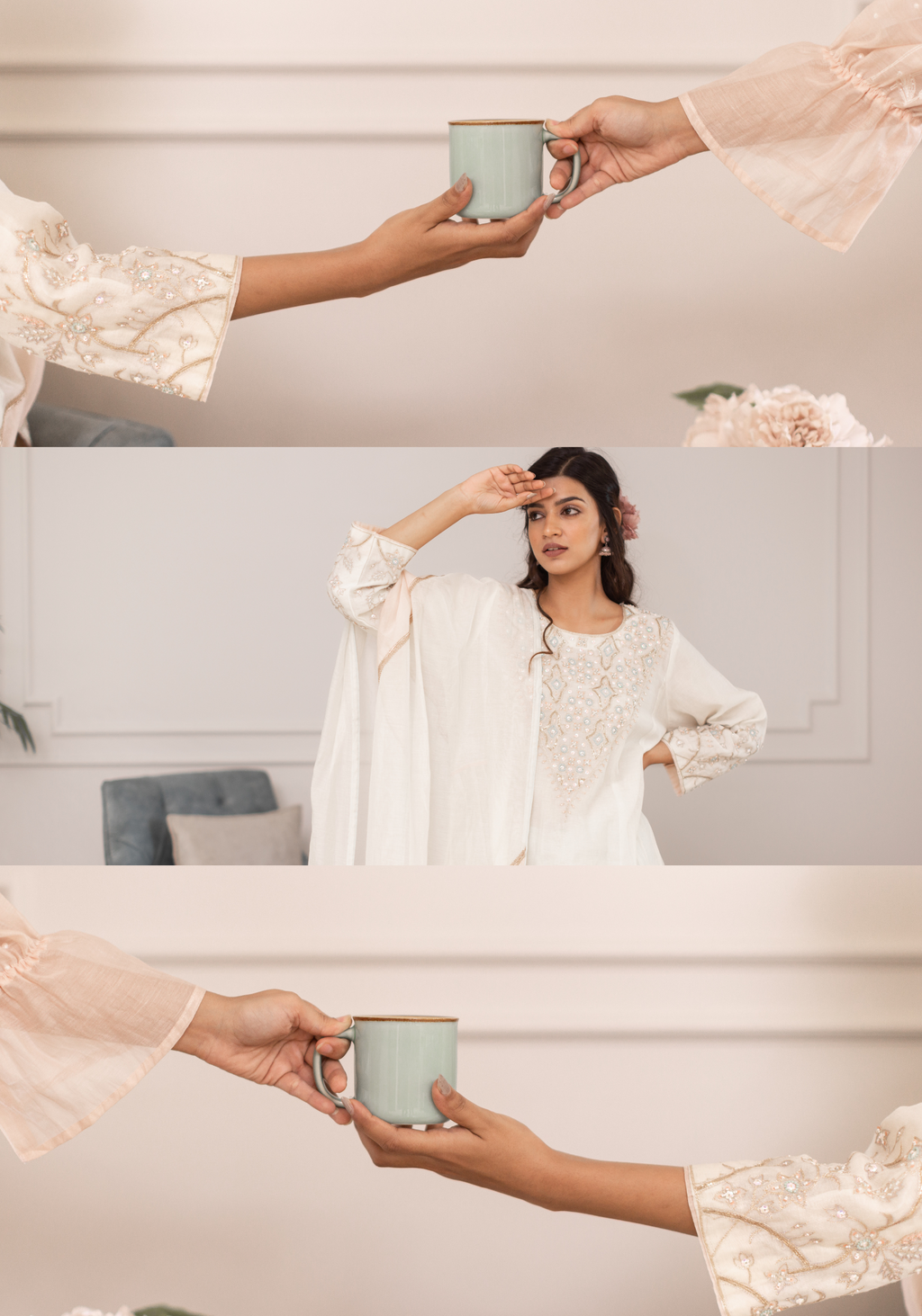 Off White Chanderi Hand Embroidered Kurta with Pants and Dupatta