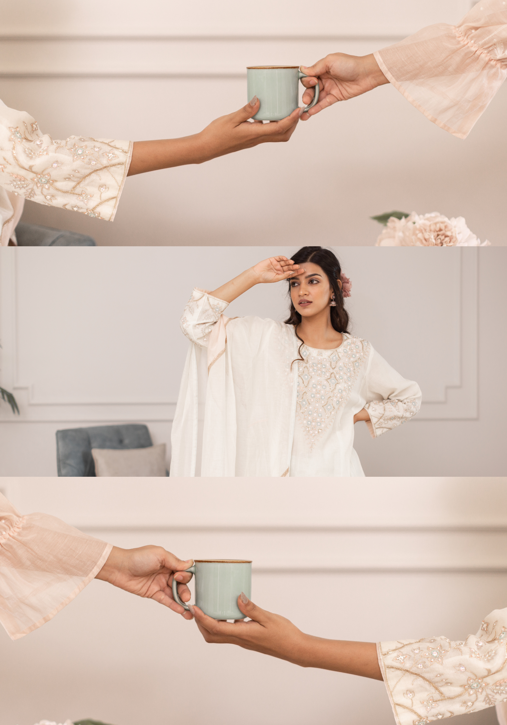 Off White Chanderi Hand Embroidered Kurta with Pants and Dupatta