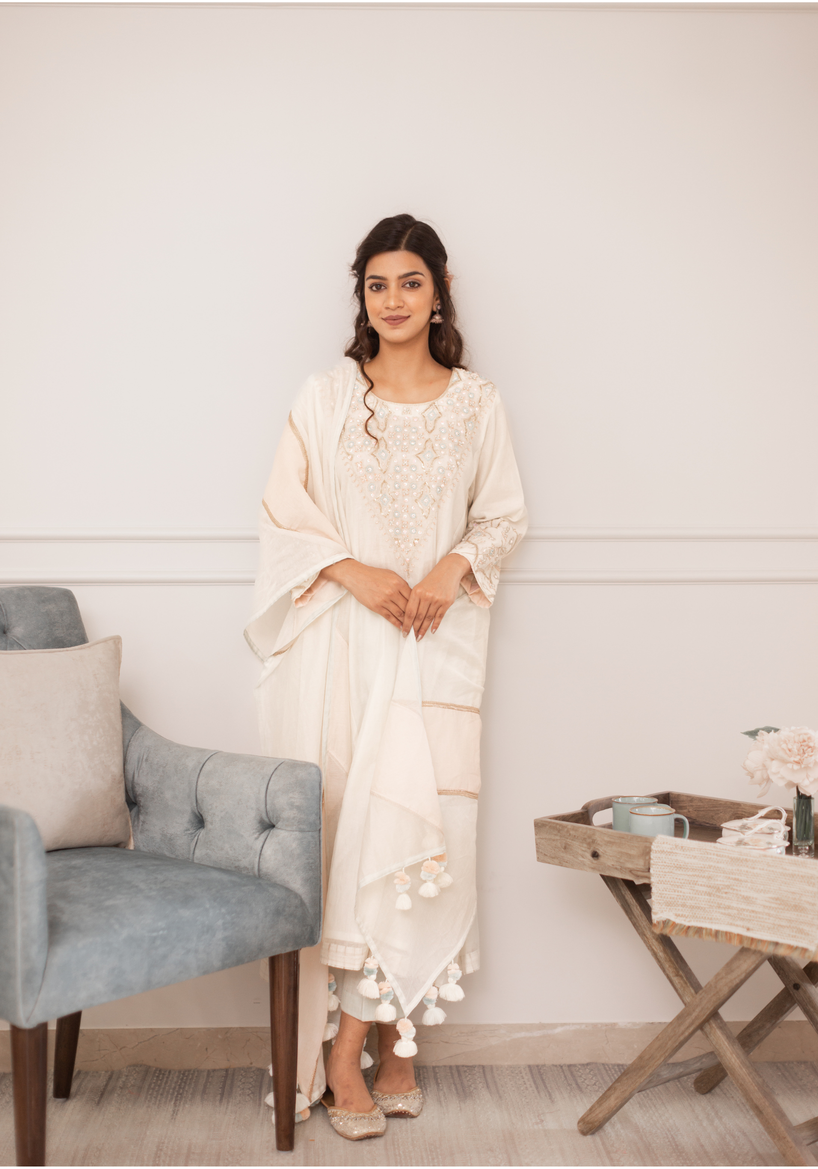 Off White Chanderi Hand Embroidered Kurta with Pants and Dupatta