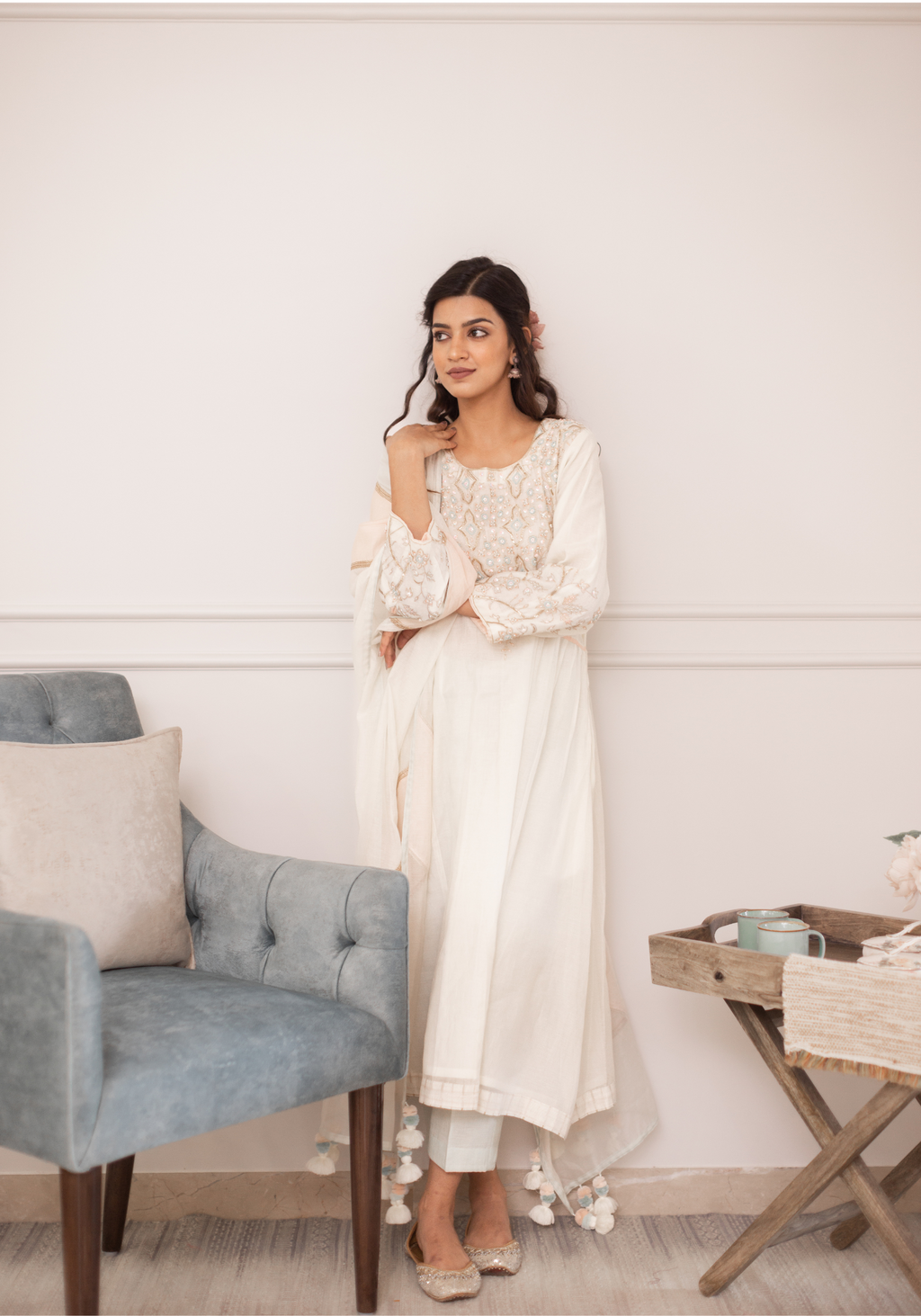 Off White Chanderi Hand Embroidered Kurta with Pants and Dupatta