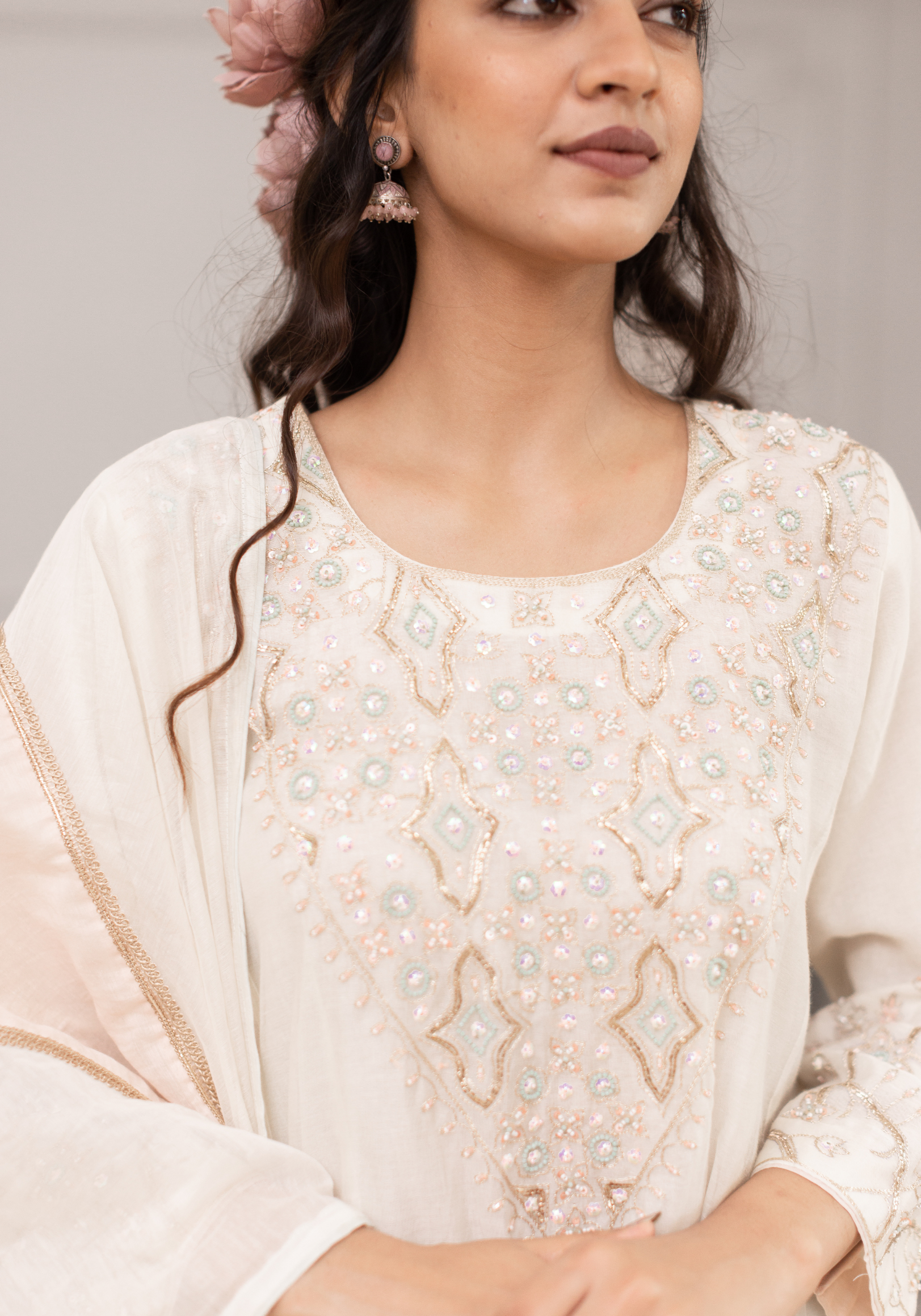 Off White Chanderi Hand Embroidered Kurta with Pants and Dupatta
