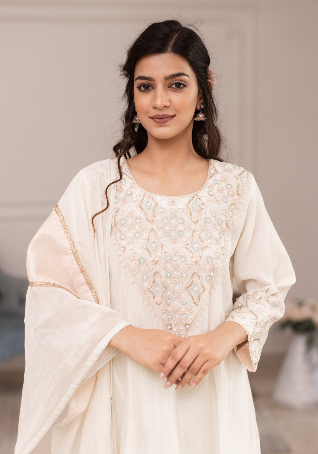 Off White Chanderi Hand Embroidered Kurta with Pants and Dupatta
