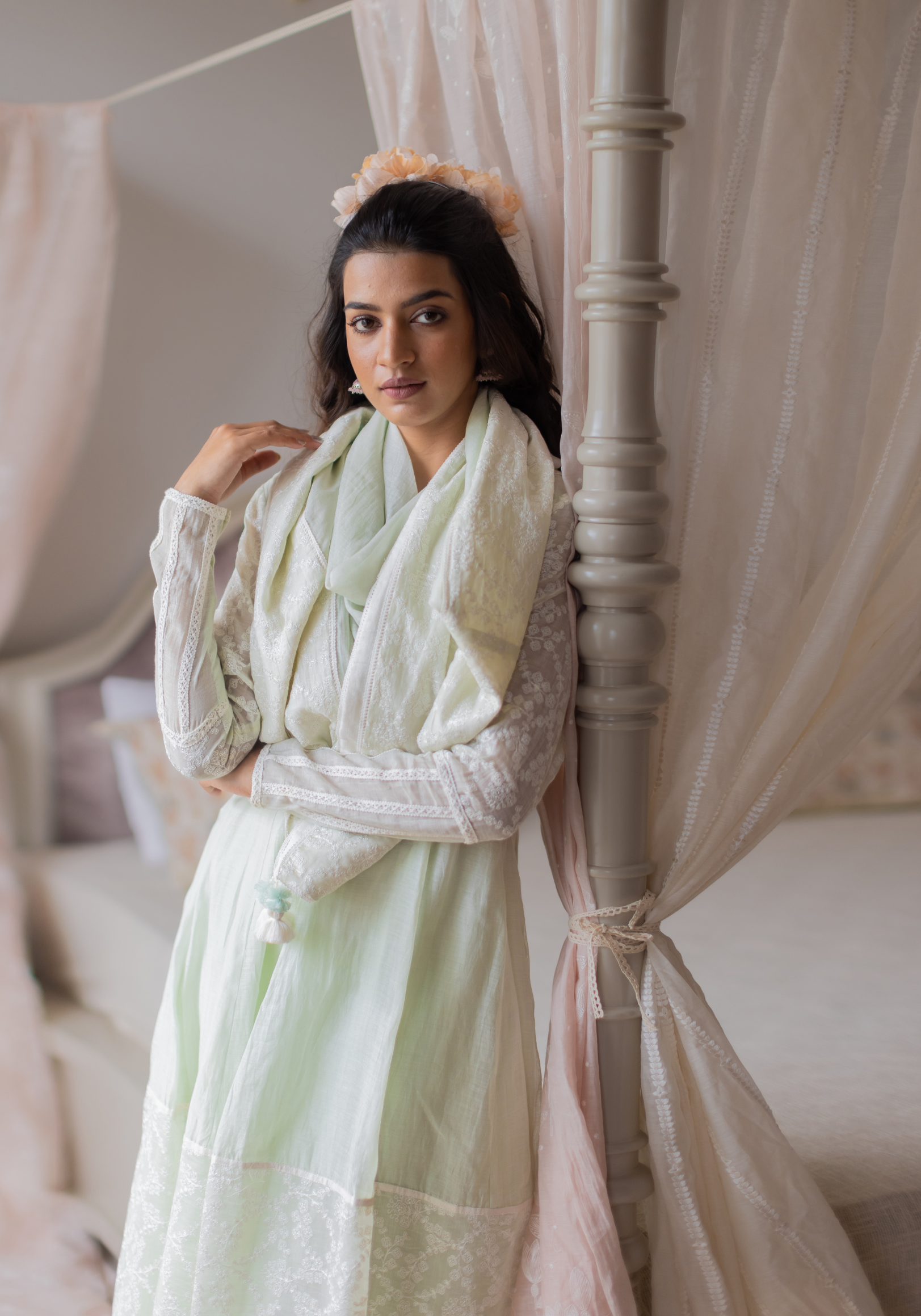 Dew Drops Green Mul Chanderi with Pants and Scarf/Duppatta